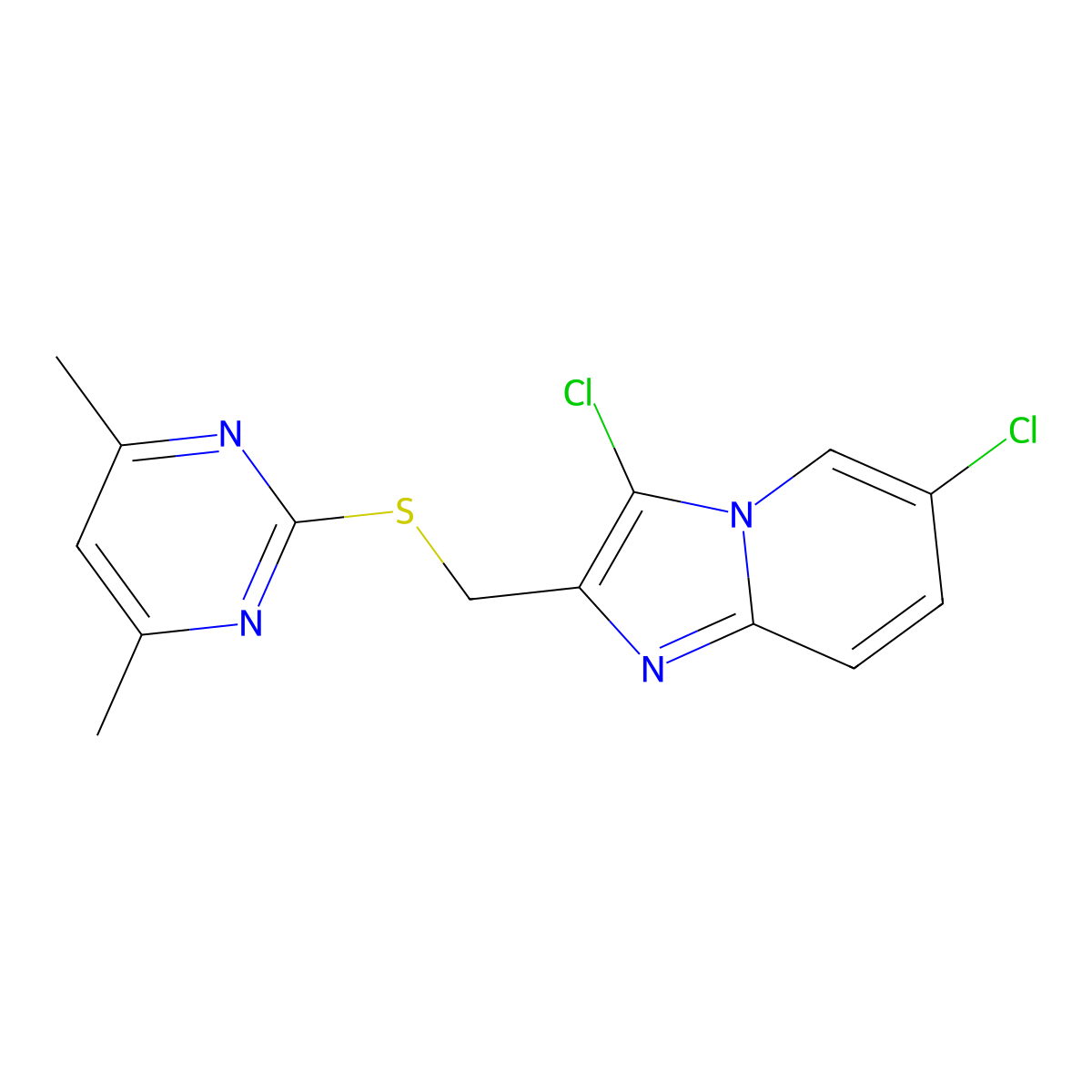 3,6-Dichloro-2-(((4,6-dimethylpyrimidin-2-yl)thio)methyl)imidazo[1,2-a]pyridine molecular structure, CAS 307545-97-7