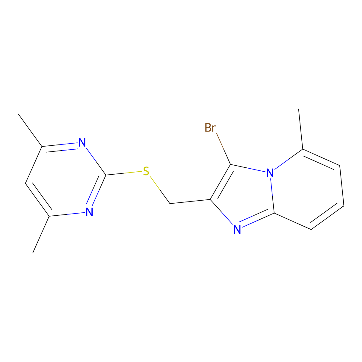 3-Bromo-2-{[(4,6-dimethylpyrimidin-2-yl)sulfanyl]methyl}-5-methylimidazo[1,2-a]pyridine molecular structure, CAS 307552-87-0