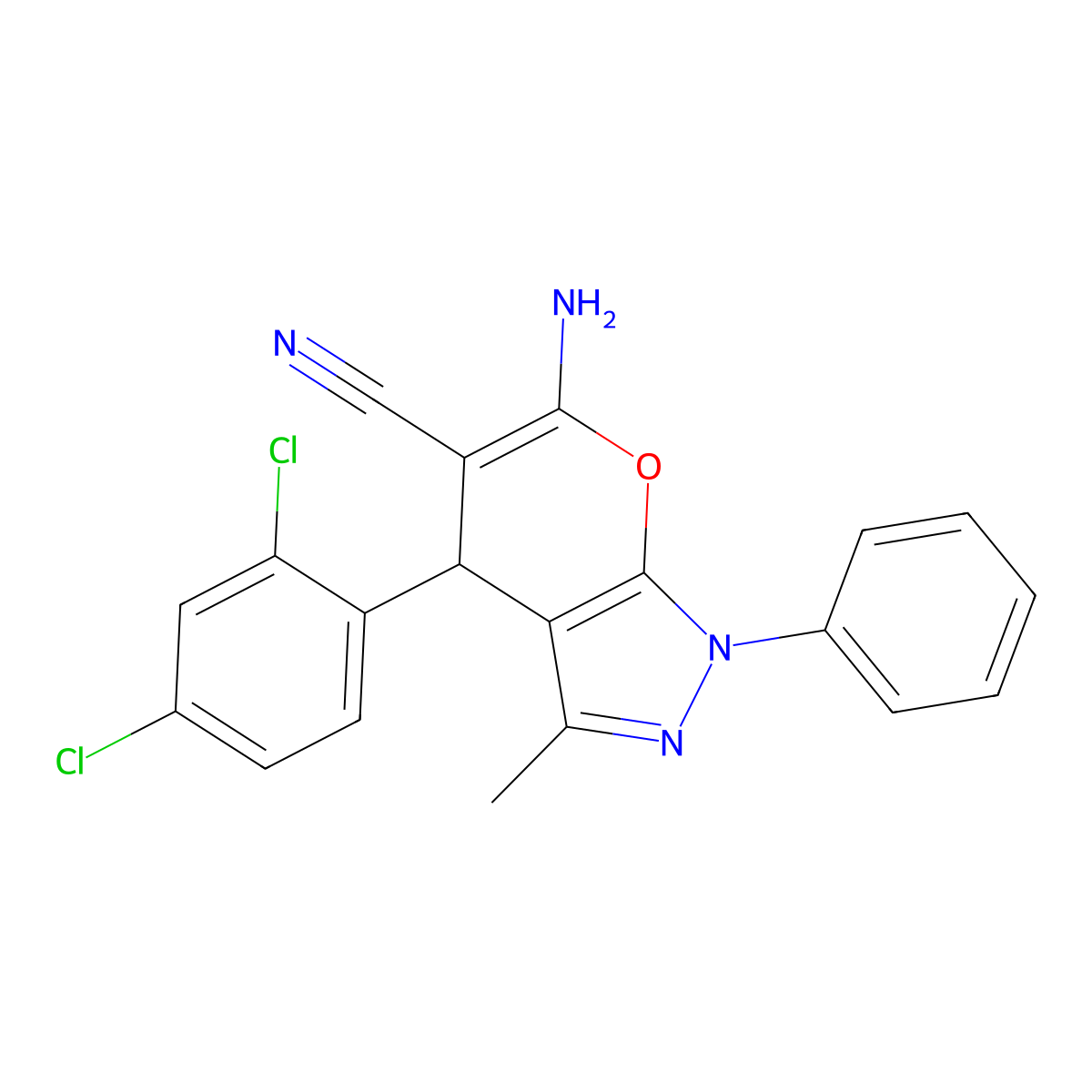 6-Amino-4-(2,4-dichlorophenyl)-3-methyl-1-phenyl-1,4-dihydropyrano[2,3-c]pyrazole-5-carbonitrile molecular structure, CAS 307553-10-2