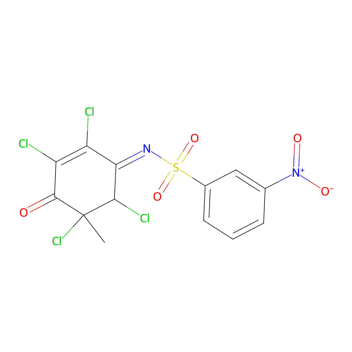 m-nitrophenyl(oxo)[(E)-2,3,5,6-tetrachloro-5-methyl-4-oxo-2-cyclohexen-1-ylideneamino]-lambda-sulfaniumolate molecular structure, CAS 307554-00-3