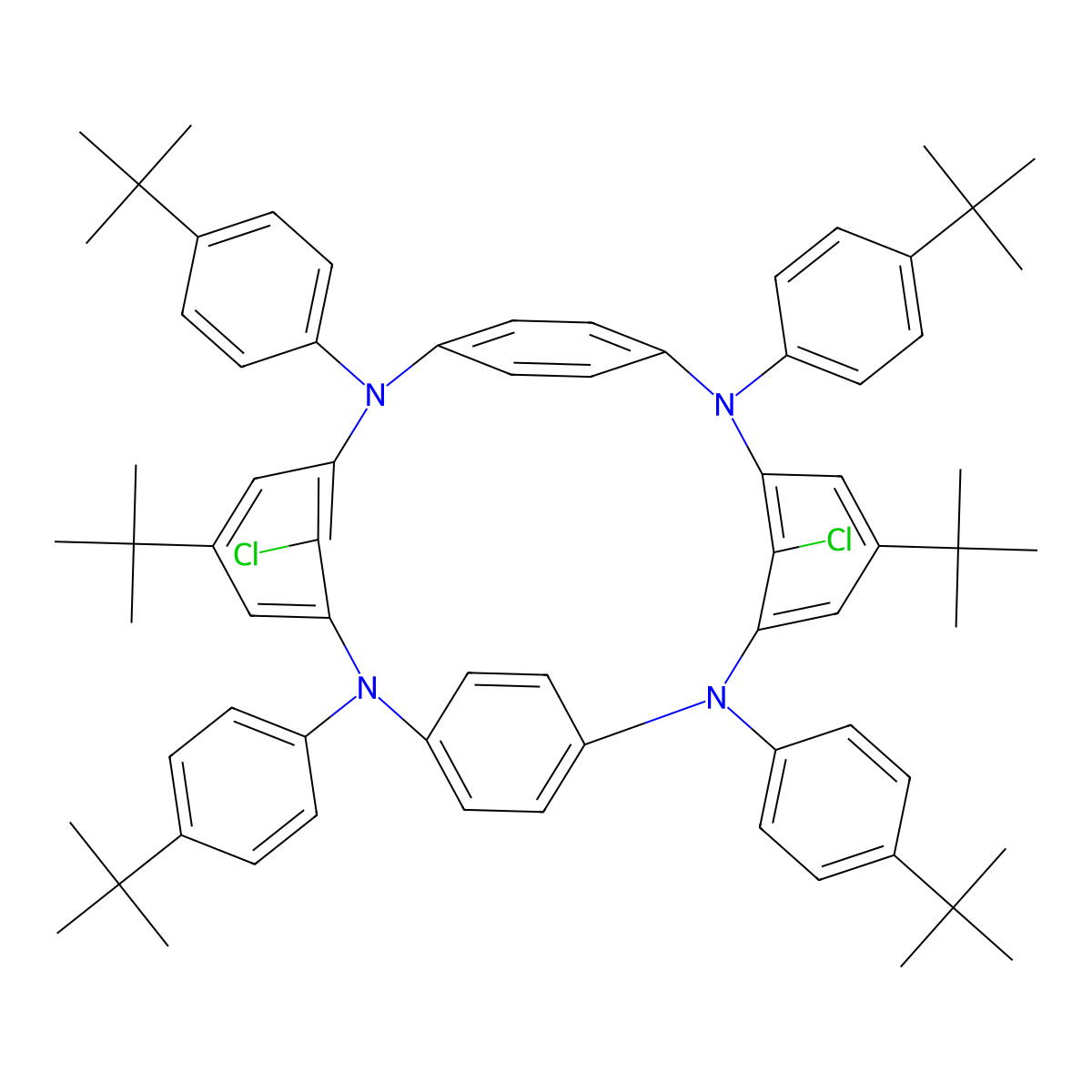 5,16-Bis(tert-butyl)-27,28-dichloro-2,8,13,19-tetrakis[4-(tert-butyl)phenyl]-2,8,13,19-tetraazapentacyclo[18.2.2.2[9,12].1[3,7].1[14,18]]octacosa-1(23),3,5,7(27),9(25),10,12(26),14,16,18(28),20(24),21-dodecaene molecular structure, CAS 3075575-09-3