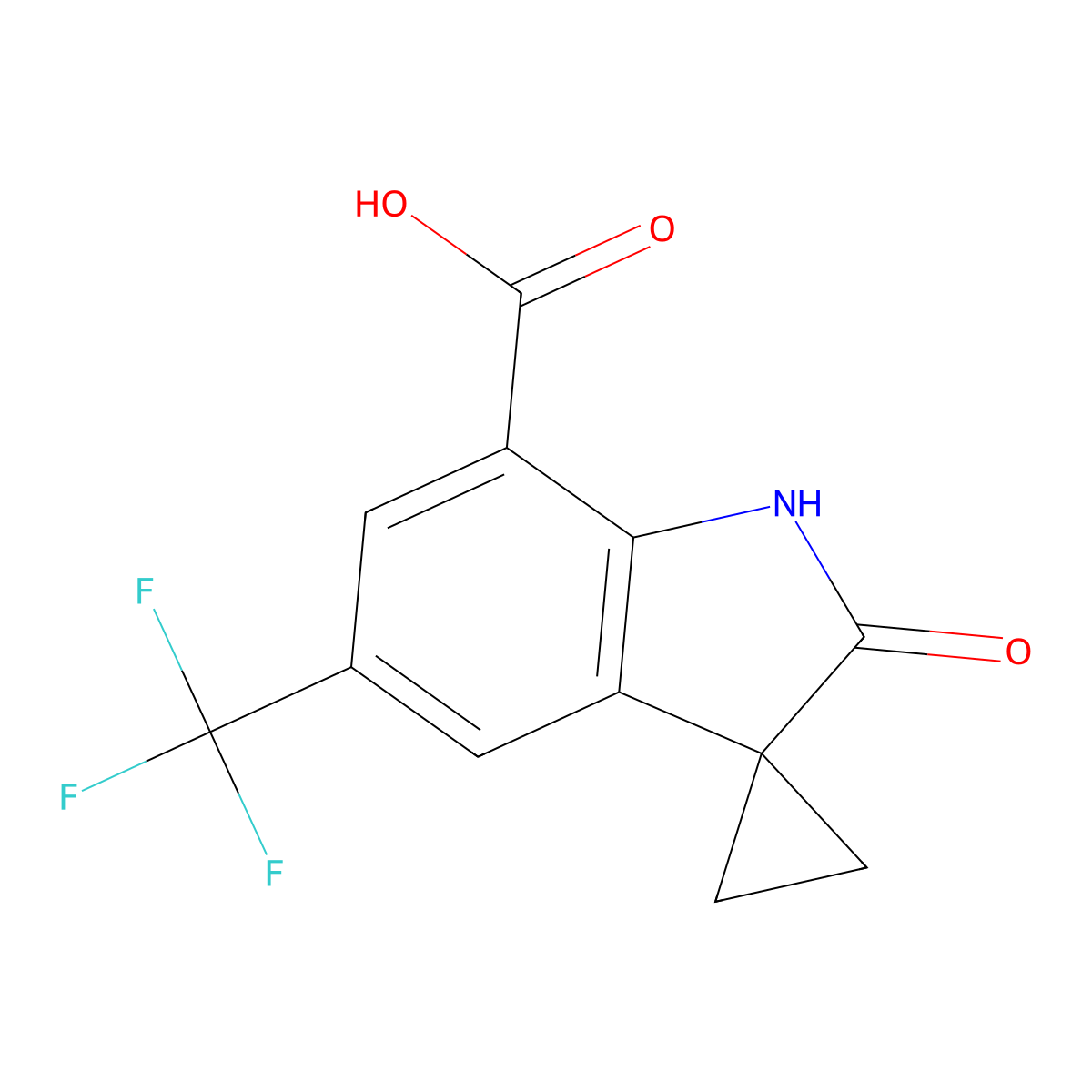 2'-Oxo-5'-(trifluoromethyl)-1',2'-dihydrospiro[cyclopropane-1,3'-indole]-7'-carboxylic acid molecular structure, CAS 3076488-88-2