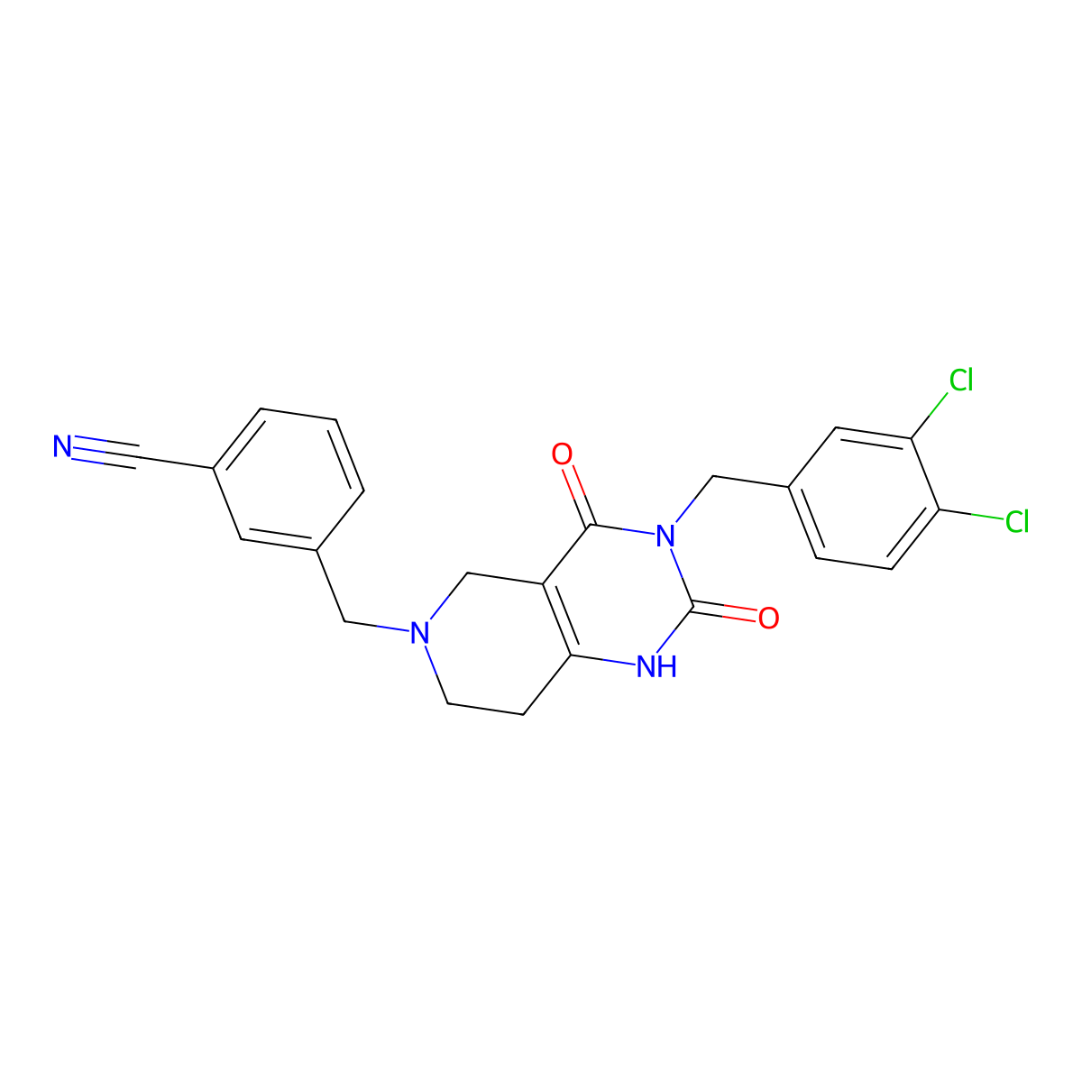 3-[[3-[(3,4-Dichlorophenyl)methyl]-2,4-dioxo-1,5,7,8-tetrahydropyrido[4,3-d]pyrimidin-6-yl]methyl]benzonitrile molecular structure, CAS 3076954-42-9