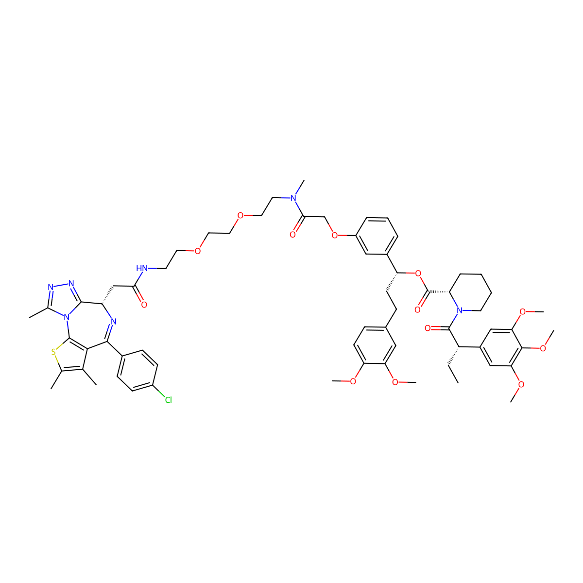 [(1R)-1-[3-[2-[2-[2-[2-[[2-[(9S)-7-(4-chlorophenyl)-4,5,13-trimethyl-3-thia-1,8,11,12-tetrazatricyclo[8.3.0.02,6]trideca-2(6),4,7,10,12-pentaen-9-yl]acetyl]amino]ethoxy]ethoxy]ethyl-methylamino]-2-oxoethoxy]phenyl]-3-(3,4-dimethoxyphenyl)propyl] (2S)-1-[(2S)-2-(3,4,5-trimethoxyphenyl)butanoyl]piperidine-2-carboxylate molecular structure, CAS 3077339-82-0