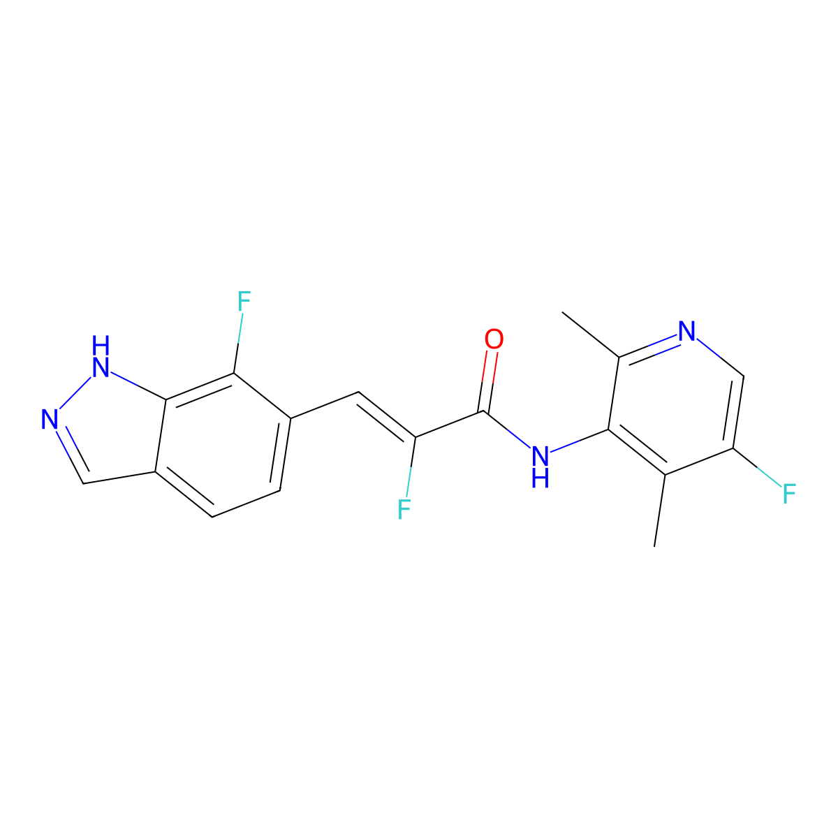 (Z)-2-Fluoro-3-(7-fluoro-1H-indazol-6-yl)-N-(5-fluoro-2,4-dimethylpyridin-3-yl)acrylamide molecular structure, CAS 3077720-24-9