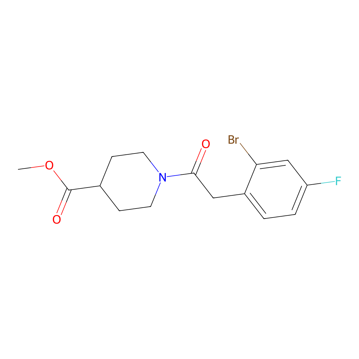 Methyl 1-(2-(2-bromo-4-fluorophenyl)acetyl)piperidine-4-carboxylate molecular structure, CAS 3078405-40-7