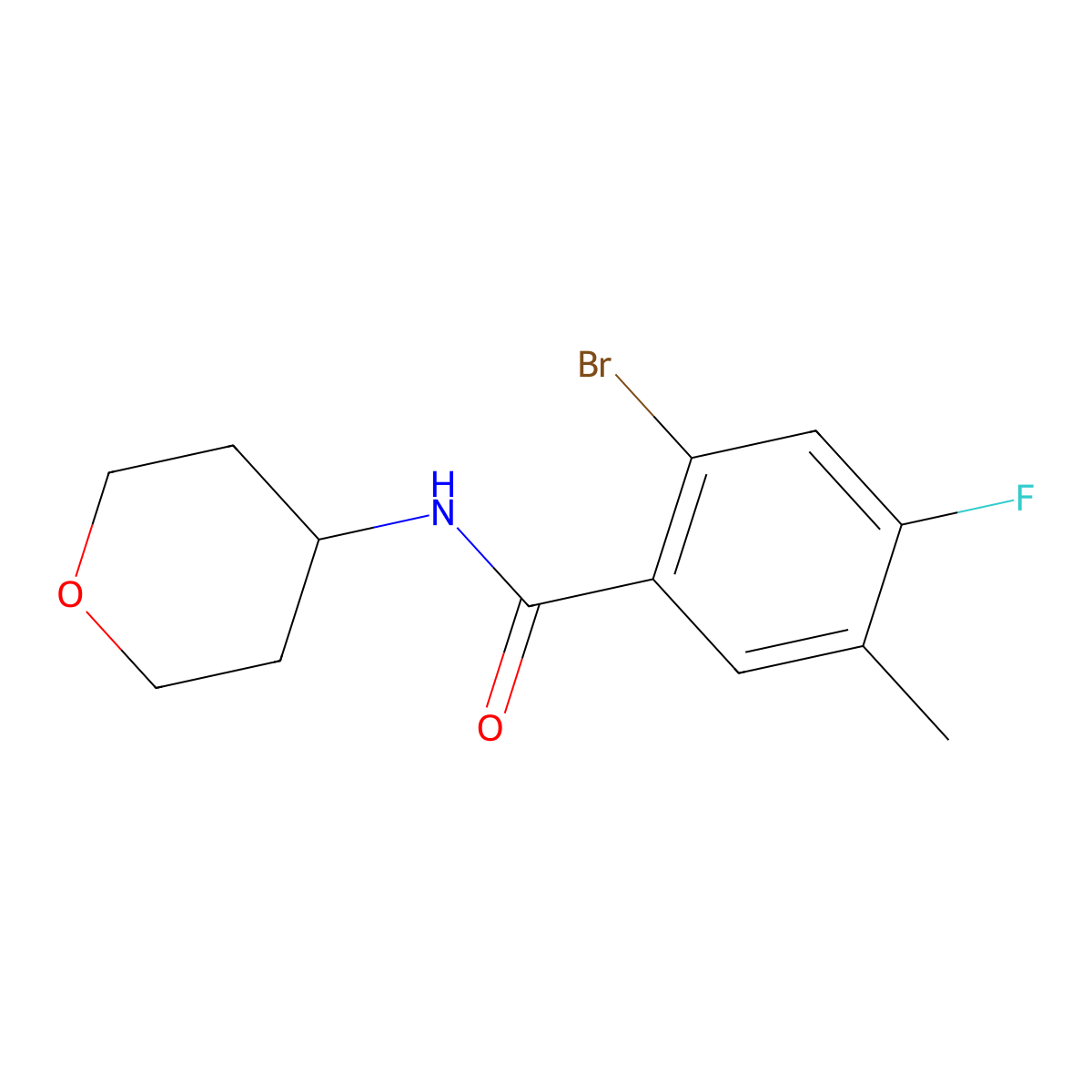 2-Bromo-4-fluoro-5-methyl-N-(tetrahydro-2H-pyran-4-yl)benzamide molecular structure, CAS 3078569-03-3