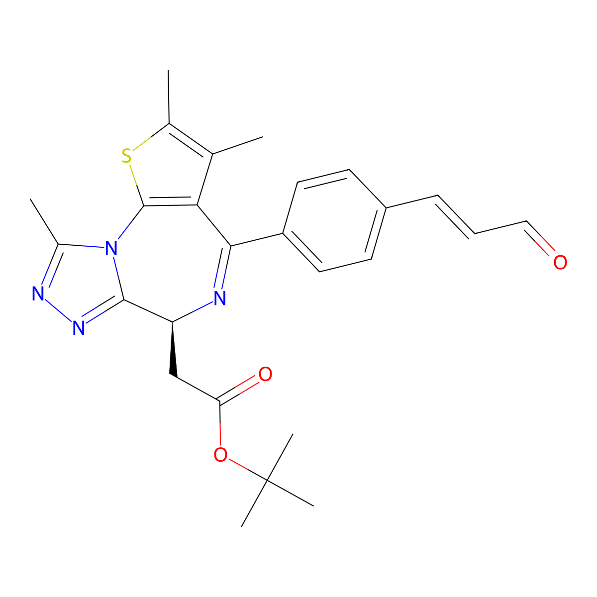 tert-butyl 2-[(9S)-4,5,13-trimethyl-7-[4-[(E)-3-oxoprop-1-enyl]phenyl]-3-thia-1,8,11,12-tetrazatricyclo[8.3.0.02,6]trideca-2(6),4,7,10,12-pentaen-9-yl]acetate molecular structure, CAS 3079093-92-5