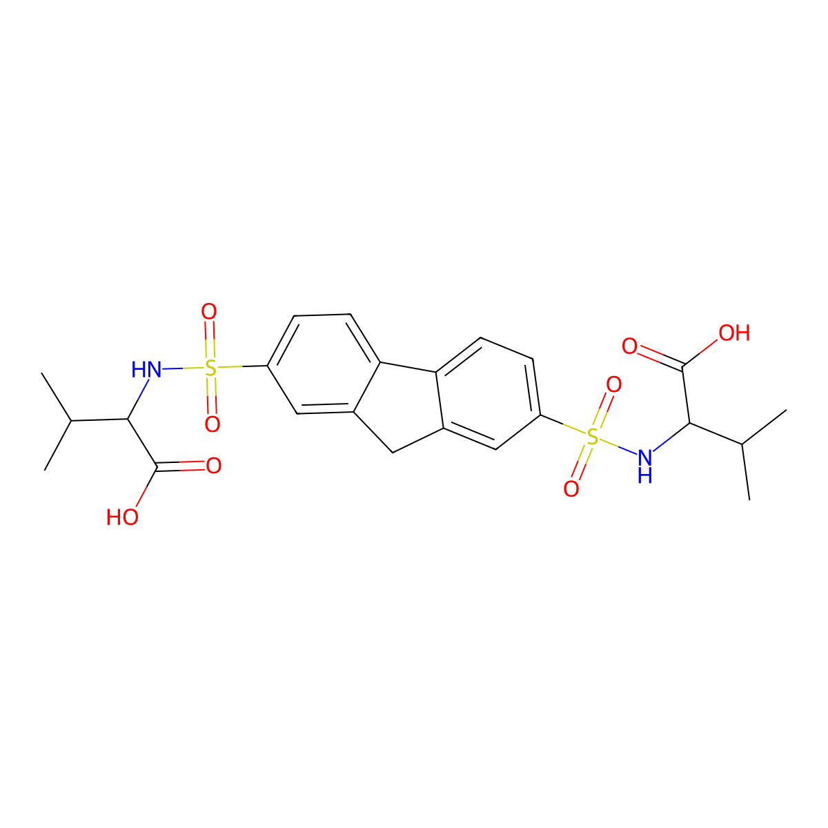 2,2'-((9H-Fluorene-2,7-disulfonyl)bis(azanediyl))bis(3-methylbutanoic acid) molecular structure, CAS 307941-68-0