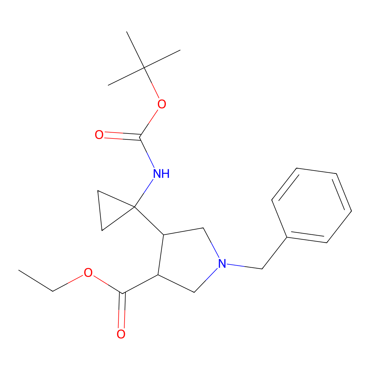 Ethyl 1-benzyl-4-(1-((tert-butoxycarbonyl)amino)cyclopropyl)pyrrolidine-3-carboxylate molecular structure, CAS 307976-20-1