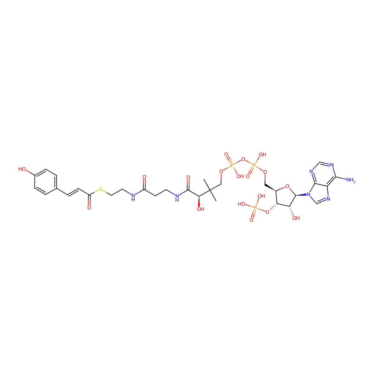 S-[2-[3-[[(2R)-4-[[[(2R,3S,4R,5R)-5-(6-aminopurin-9-yl)-4-hydroxy-3-phosphonooxyoxolan-2-yl]methoxy-hydroxyphosphoryl]oxy-hydroxyphosphoryl]oxy-2-hydroxy-3,3-dimethylbutanoyl]amino]propanoylamino]ethyl] 3-(4-hydroxyphenyl)prop-2-enethioate molecular structure, CAS 30802-00-7
