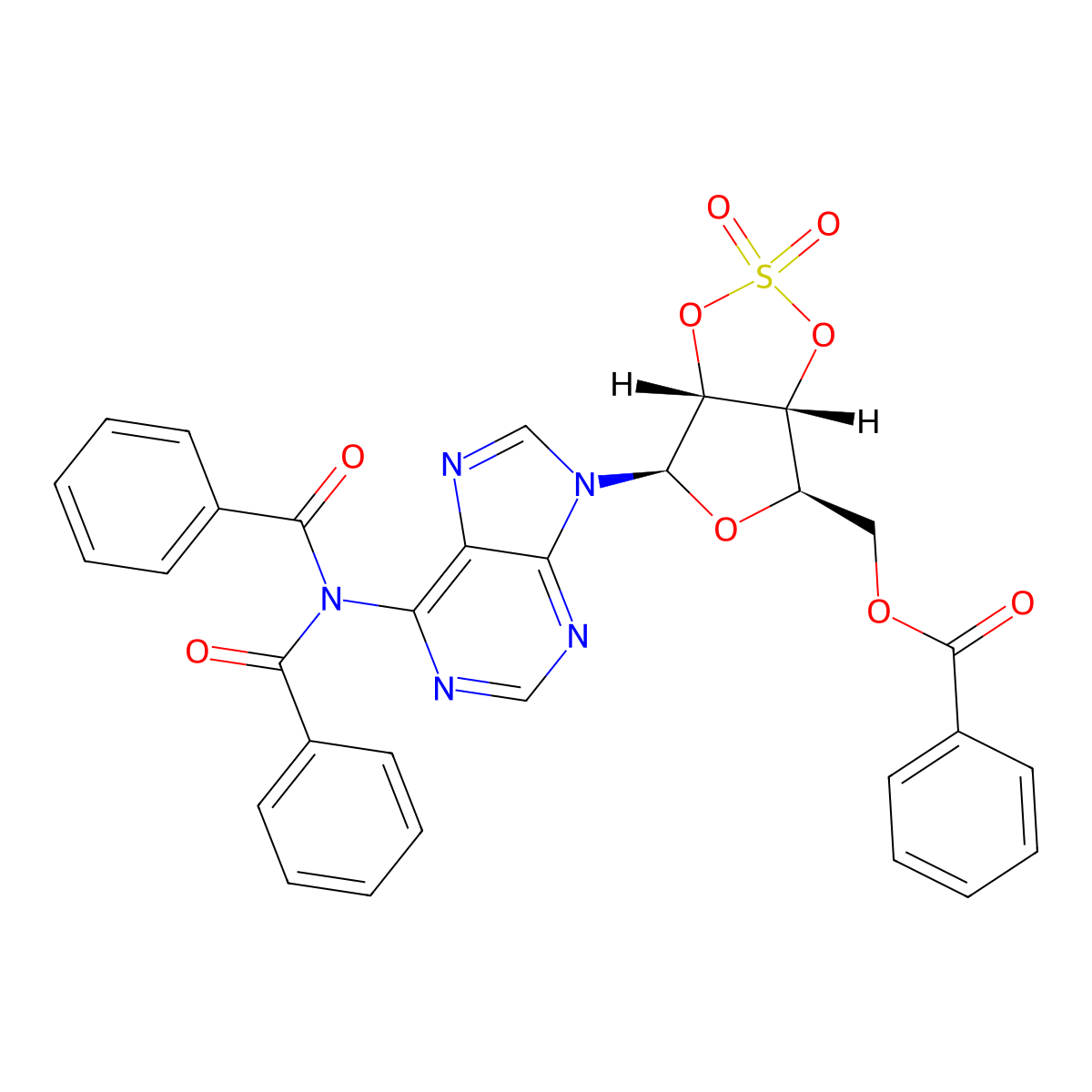 ((3AR,4R,6R,6AR)-6-(6-(Dibenzoylamino)-9H-purin-9-YL)-2,2-dioxidotetrahydrofuro(3,4-D)(1,3,2)dioxathiol-4-YL)methyl benzoate molecular structure, CAS 308096-89-1