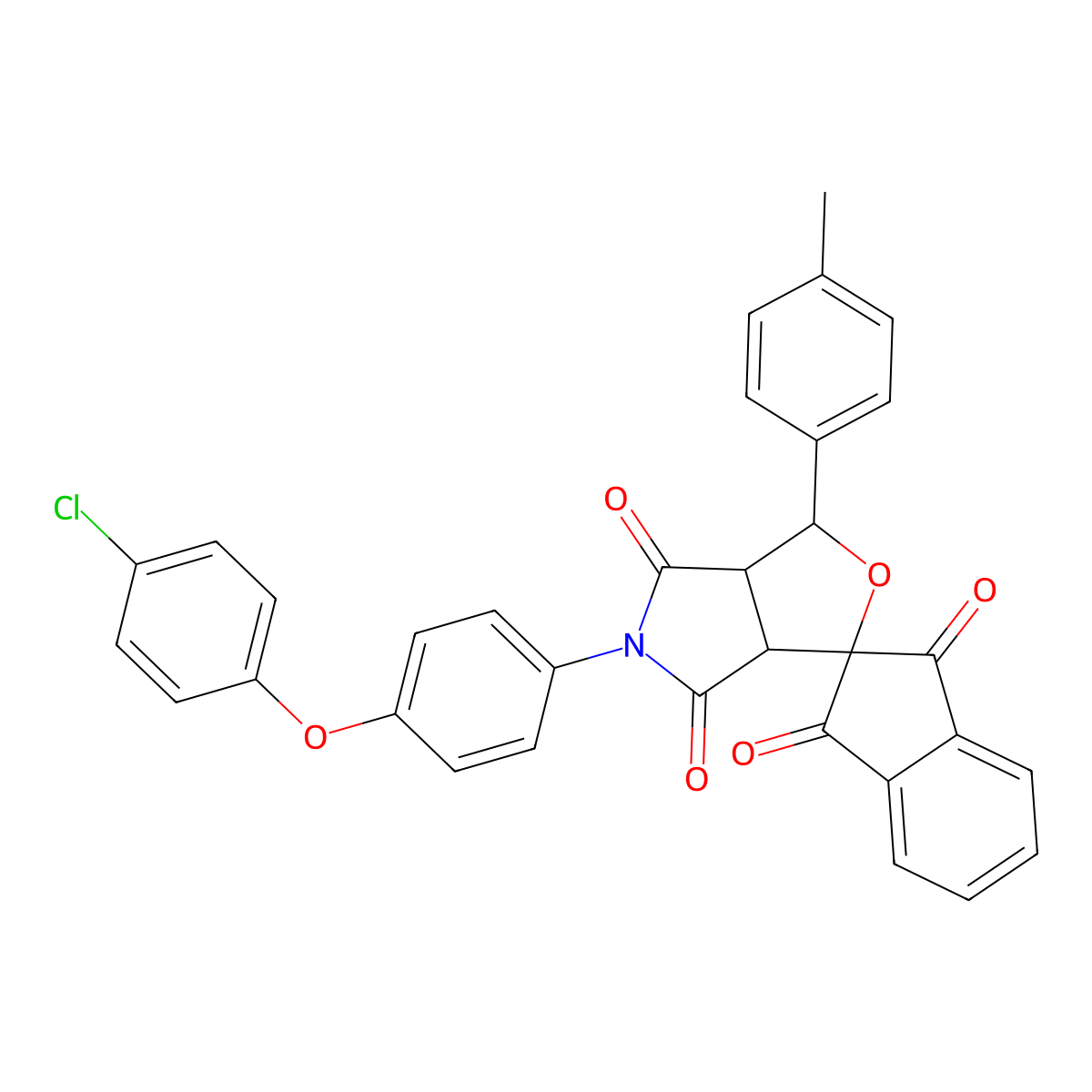 5-[4-(4-chlorophenoxy)phenyl]-1-(4-methylphenyl)spiro[3a,6a-dihydro-1H-furo[3,4-c]pyrrole-3,2'-indene]-1',3',4,6-tetrone molecular structure, CAS 308105-62-6