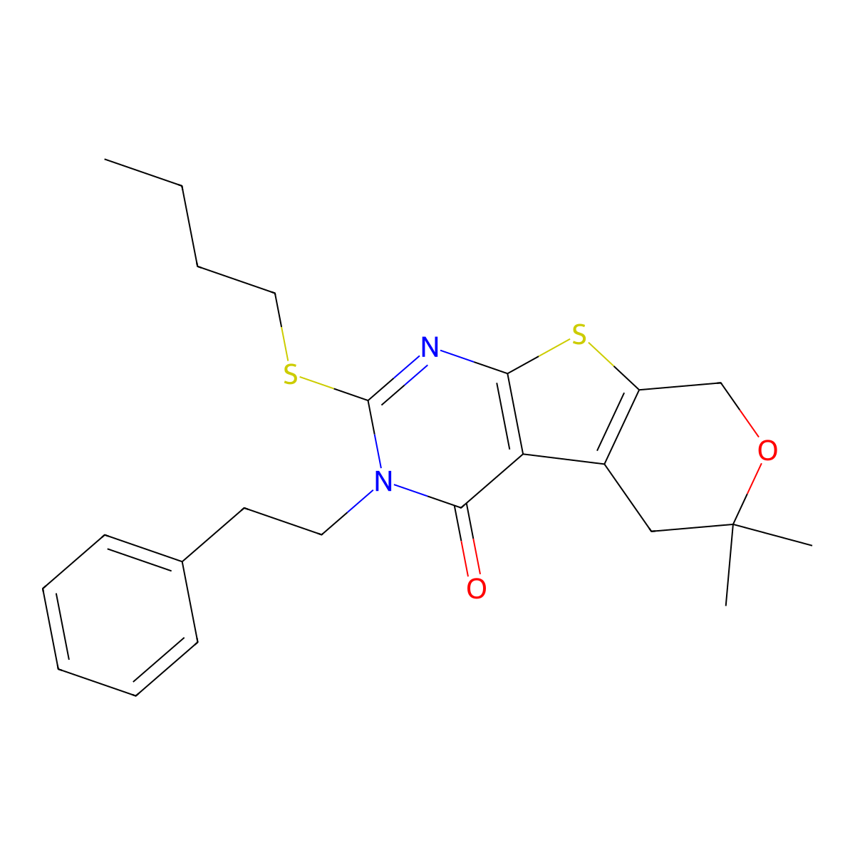 2-Butylsulfanyl-6,6-dimethyl-3-(2-phenylethyl)-5,8-dihydropyrano[2,3]thieno[2,4-b]pyrimidin-4-one molecular structure, CAS 308106-52-7