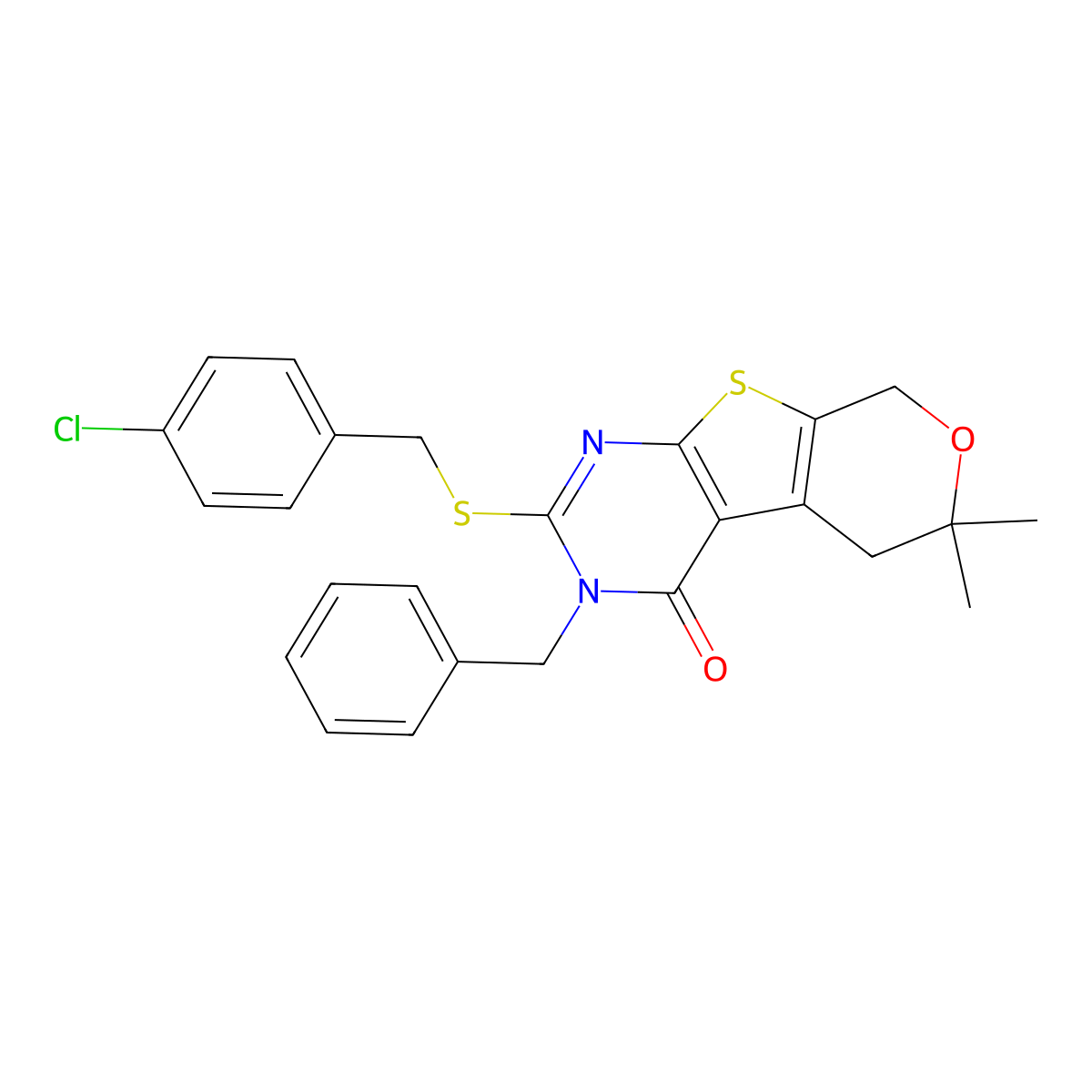 3-benzyl-2-[(4-chlorobenzyl)sulfanyl]-6,6-dimethyl-3,5,6,8-tetrahydro-4H-pyrano[4',3':4,5]thieno[2,3-d]pyrimidin-4-one molecular structure, CAS 308106-76-5