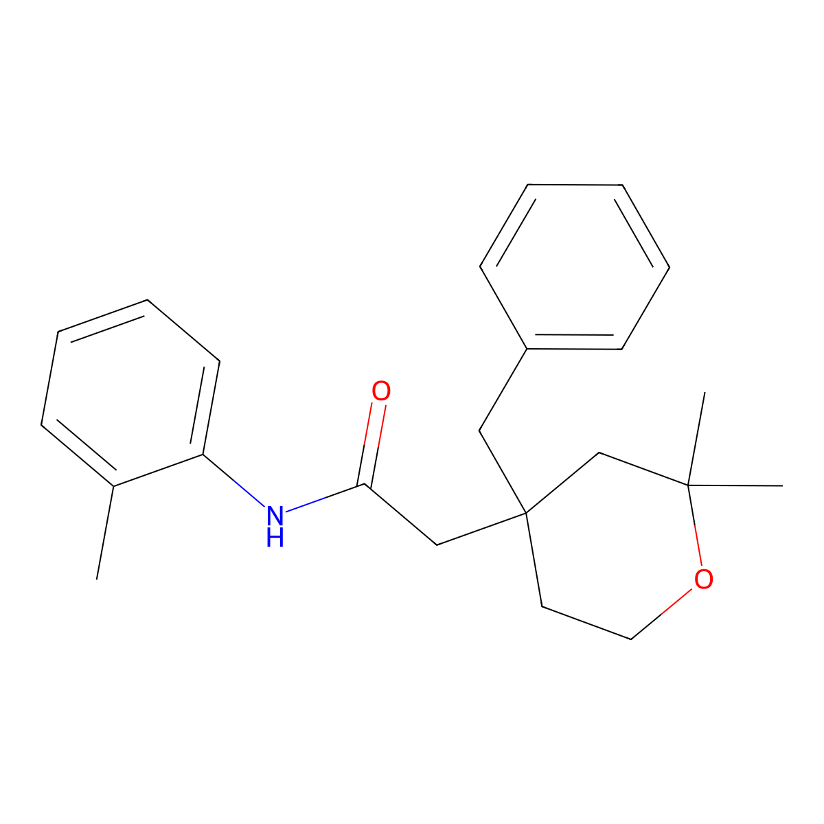 2-(4-benzyl-2,2-dimethyloxan-4-yl)-N-(2-methylphenyl)acetamide molecular structure, CAS 308107-40-6