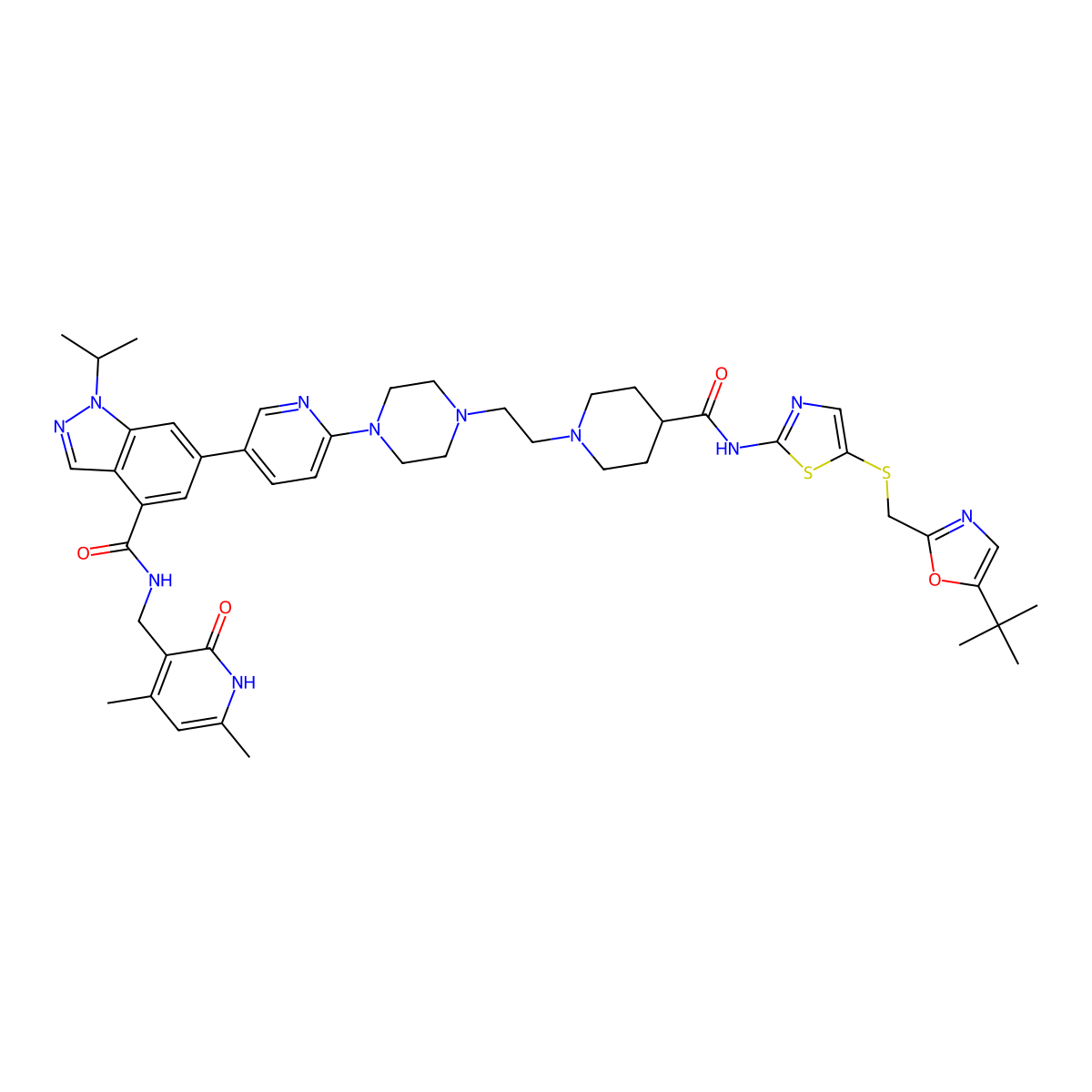 6-[6-[4-[2-[4-[[5-[(5-tert-butyl-1,3-oxazol-2-yl)methylsulfanyl]-1,3-thiazol-2-yl]carbamoyl]piperidin-1-yl]ethyl]piperazin-1-yl]-3-pyridinyl]-N-[(4,6-dimethyl-2-oxo-1H-pyridin-3-yl)methyl]-1-propan-2-ylindazole-4-carboxamide molecular structure, CAS 3081246-18-3