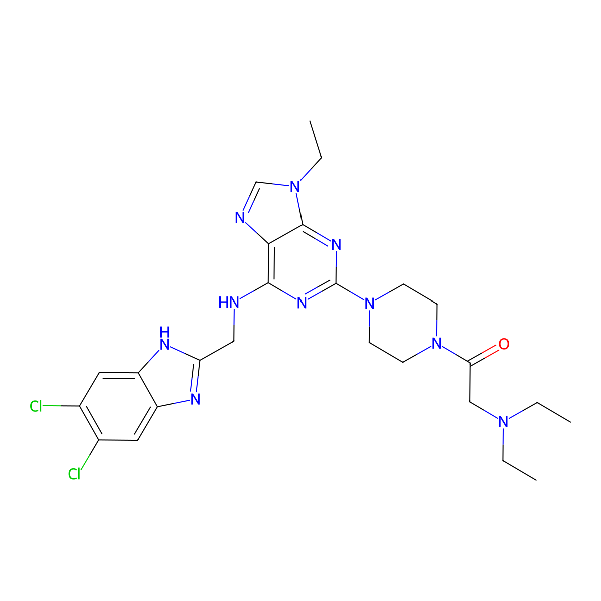 1-[4-[6-[(5,6-dichloro-1H-benzimidazol-2-yl)methylamino]-9-ethylpurin-2-yl]piperazin-1-yl]-2-(diethylamino)ethanone molecular structure, CAS 3081311-94-3
