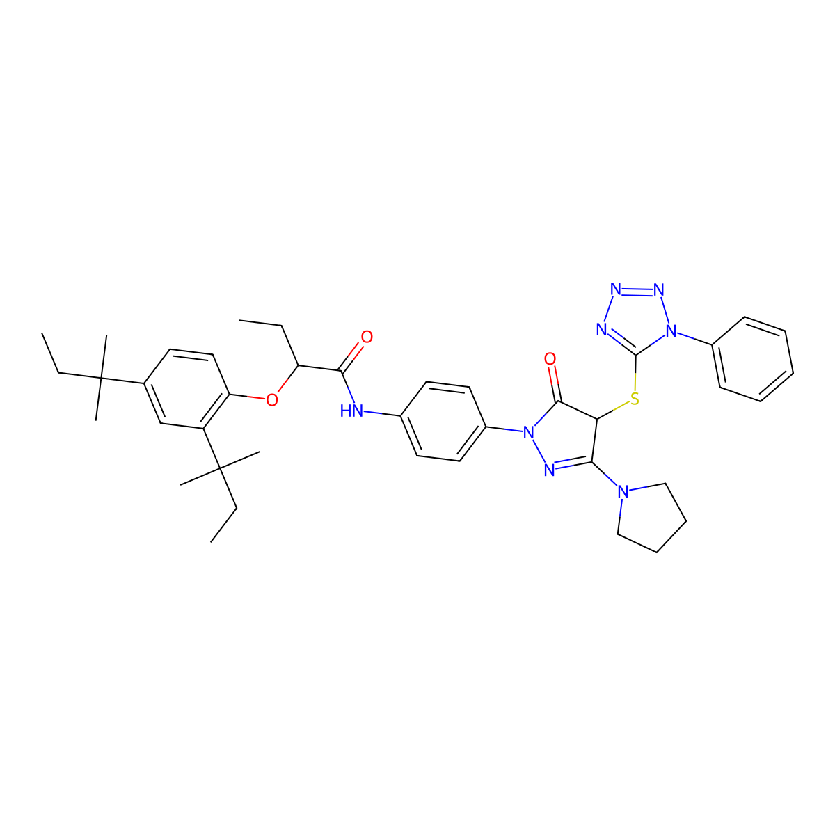 Butanamide, 2-[2,4-bis(1,1-dimethylpropyl)phenoxy]-N-[4-[4,5-dihydro-5-oxo-4-[(1-phenyl-1H-tetrazol-5-yl)thio]-3-(1-pyrrolidinyl)-1H-pyrazol-1-yl]phenyl]- molecular structure, CAS 30818-18-9