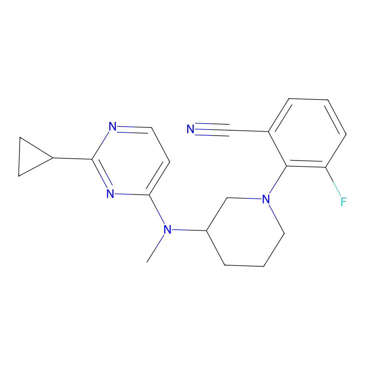 2-[3-[(2-Cyclopropylpyrimidin-4-yl)-methylamino]piperidin-1-yl]-3-fluorobenzonitrile molecular structure, CAS 3082007-42-6