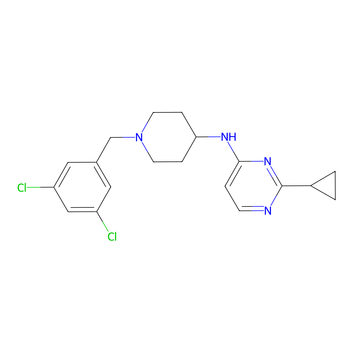 2-cyclopropyl-N-[1-[(3,5-dichlorophenyl)methyl]piperidin-4-yl]pyrimidin-4-amine molecular structure, CAS 3082007-65-3