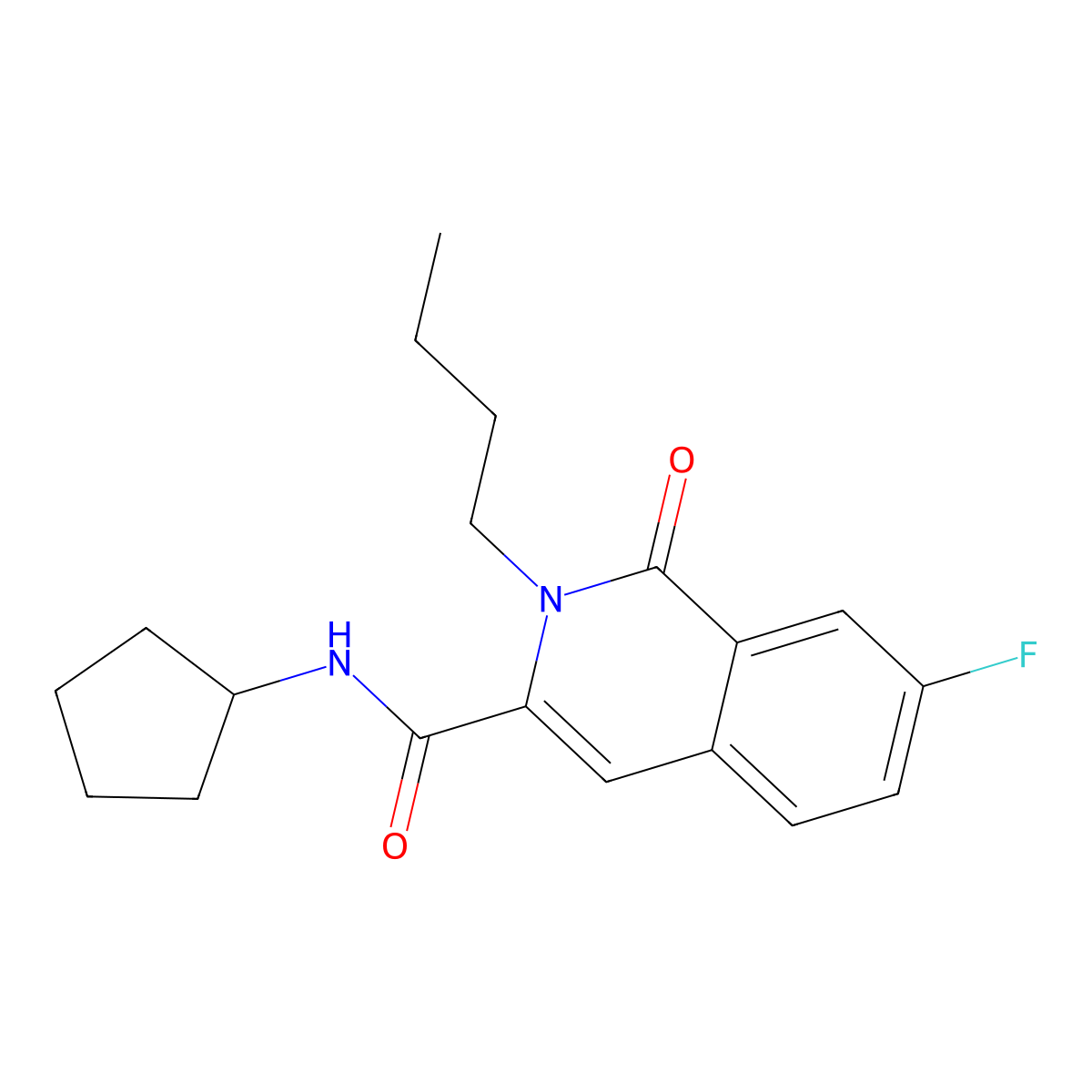 2-butyl-N-cyclopentyl-7-fluoro-1-oxoisoquinoline-3-carboxamide molecular structure, CAS 3082008-64-5