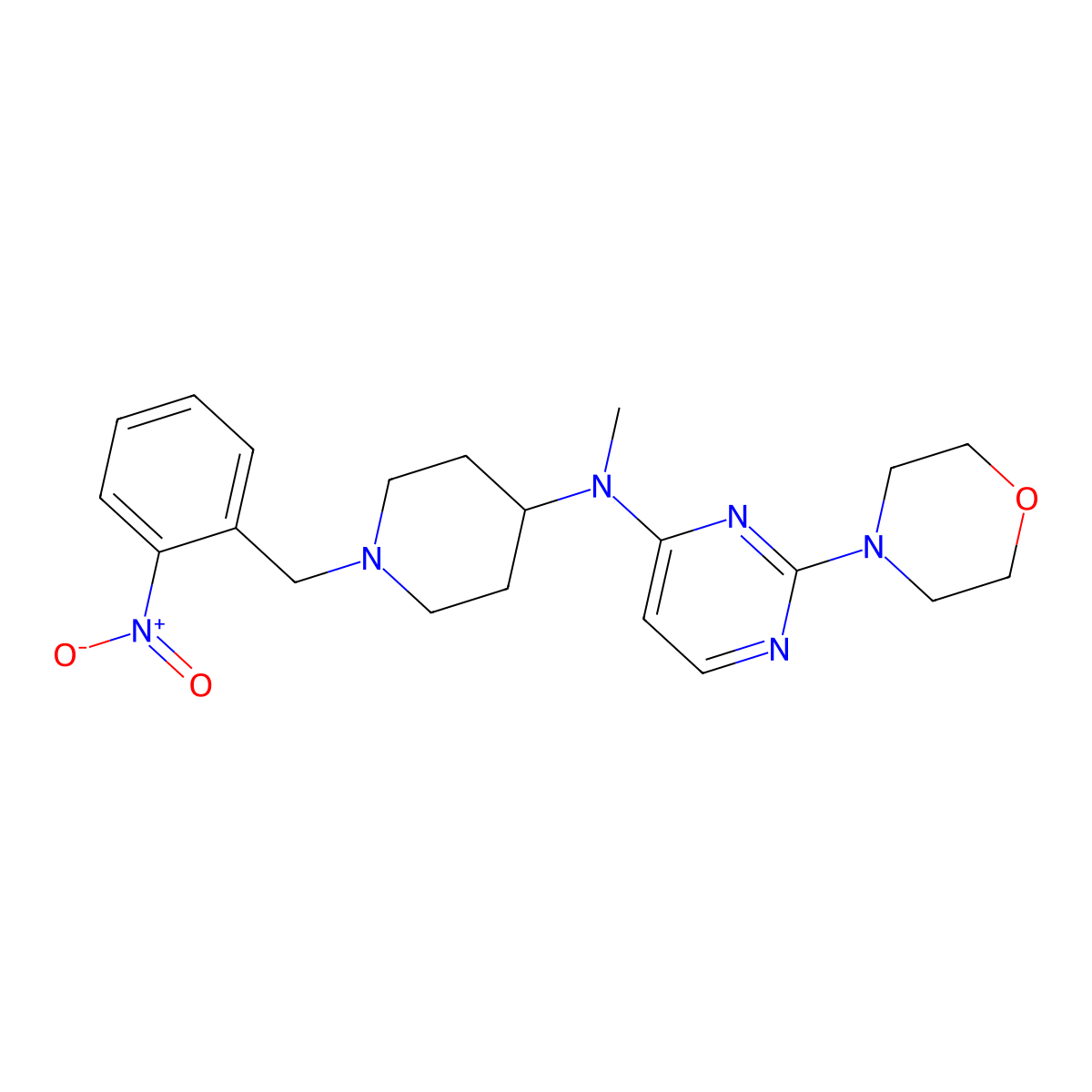 N-methyl-2-morpholin-4-yl-N-[1-[(2-nitrophenyl)methyl]piperidin-4-yl]pyrimidin-4-amine molecular structure, CAS 3082009-70-6