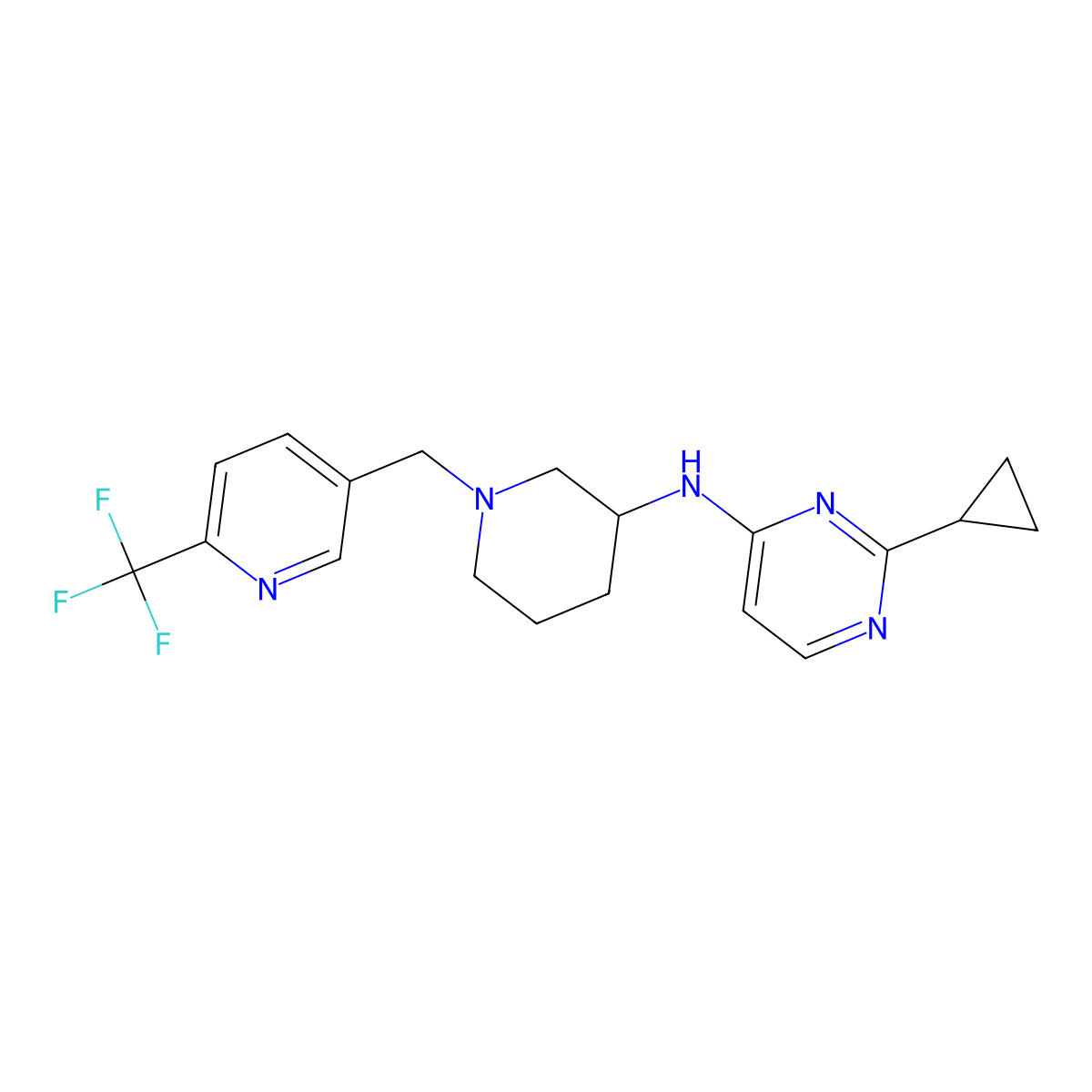 2-cyclopropyl-N-[1-[[6-(trifluoromethyl)3-pyridinyl]methyl]piperidin-3-yl]pyrimidin-4-amine molecular structure, CAS 3082028-66-5