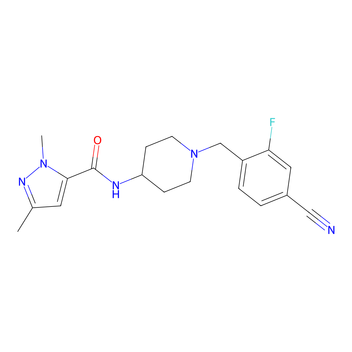 N-[1-[(4-cyano-2-fluorophenyl)methyl]piperidin-4-yl]-2,5-dimethylpyrazole-3-carboxamide molecular structure, CAS 3082037-50-8