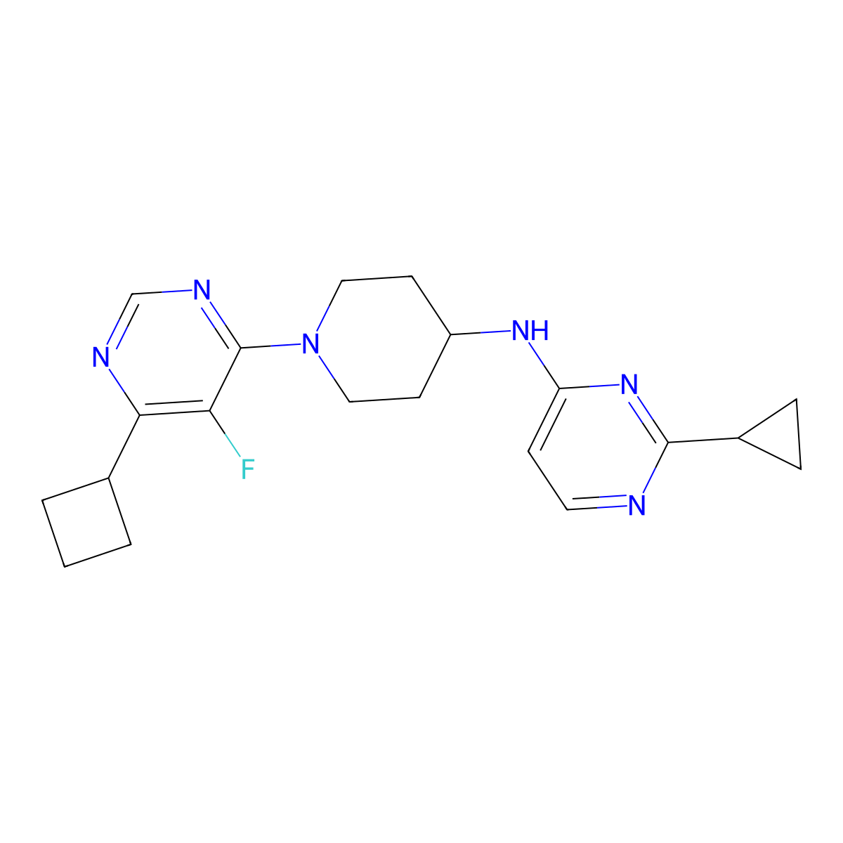 N-[1-(6-cyclobutyl-5-fluoropyrimidin-4-yl)piperidin-4-yl]-2-cyclopropylpyrimidin-4-amine molecular structure, CAS 3082040-39-6