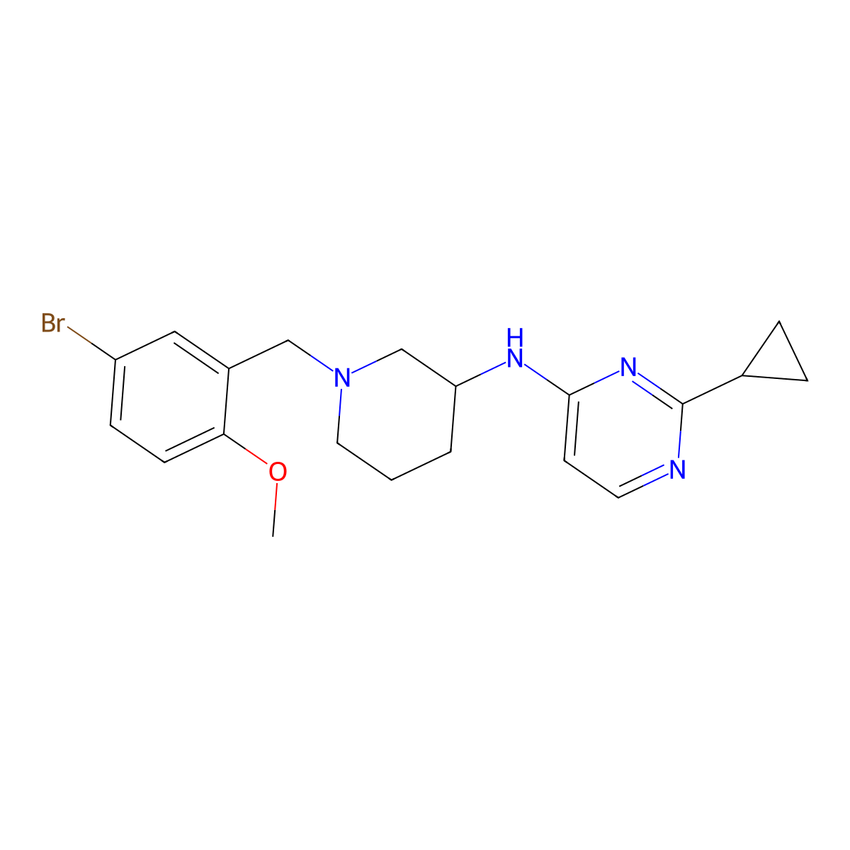 N-[1-[(5-bromo-2-methoxyphenyl)methyl]piperidin-3-yl]-2-cyclopropylpyrimidin-4-amine molecular structure, CAS 3082106-81-5