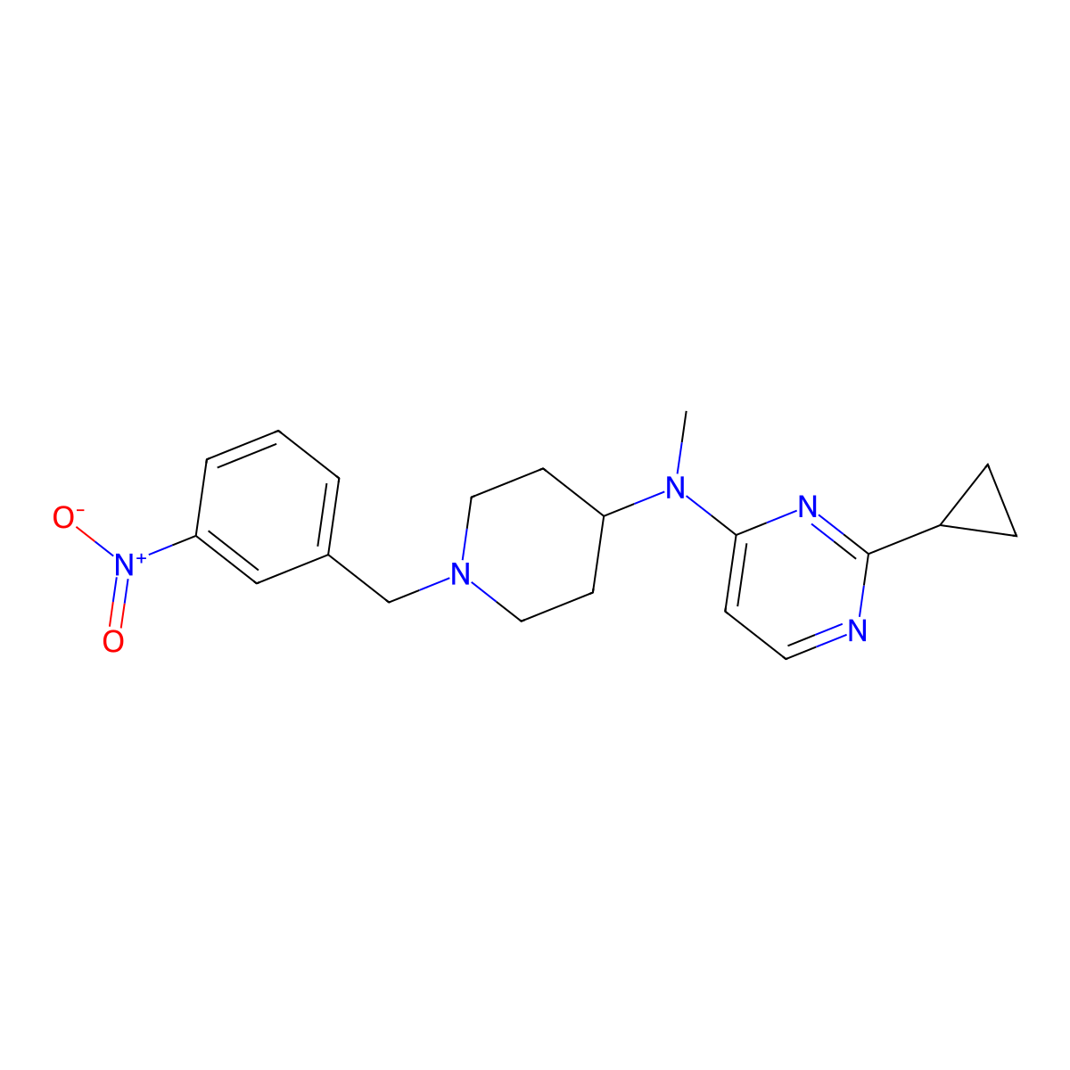 2-cyclopropyl-N-methyl-N-[1-[(3-nitrophenyl)methyl]piperidin-4-yl]pyrimidin-4-amine molecular structure, CAS 3082107-16-9