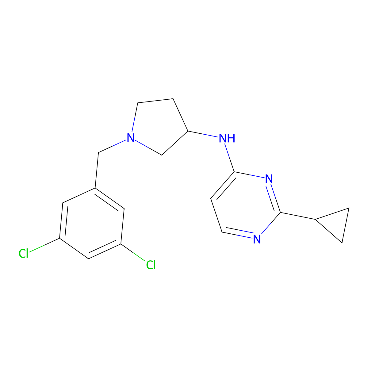 2-cyclopropyl-N-[1-[(3,5-dichlorophenyl)methyl]pyrrolidin-3-yl]pyrimidin-4-amine molecular structure, CAS 3082114-93-7