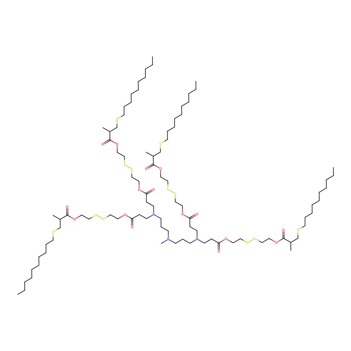 2-[2-[3-[3-[3-[Bis[3-[2-[2-(3-decylsulfanyl-2-methylpropanoyl)oxyethyldisulfanyl]ethoxy]-3-oxopropyl]amino]propyl-methylamino]propyl-[3-[2-[2-(3-decylsulfanyl-2-methylpropanoyl)oxyethyldisulfanyl]ethoxy]-3-oxopropyl]amino]propanoyloxy]ethyldisulfanyl]ethyl 3-decylsulfanyl-2-methylpropanoate molecular structure, CAS 3082361-42-7