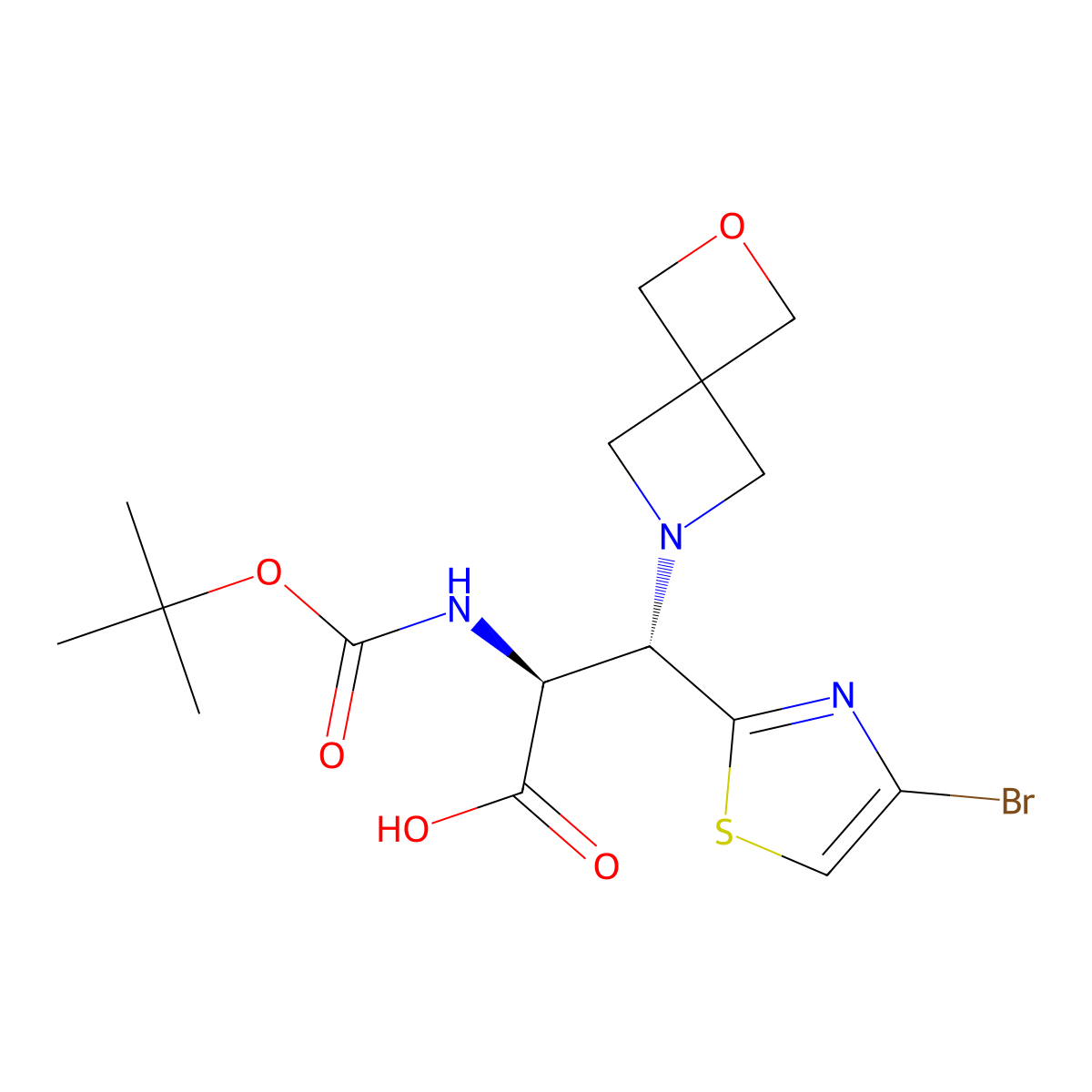 (2S,3S)-3-(4-Bromothiazol-2-yl)-2-((tert-butoxycarbonyl)amino)-3-(2-oxa-6-azaspiro[3.3]heptan-6-yl)propanoic acid molecular structure, CAS 3082419-83-5