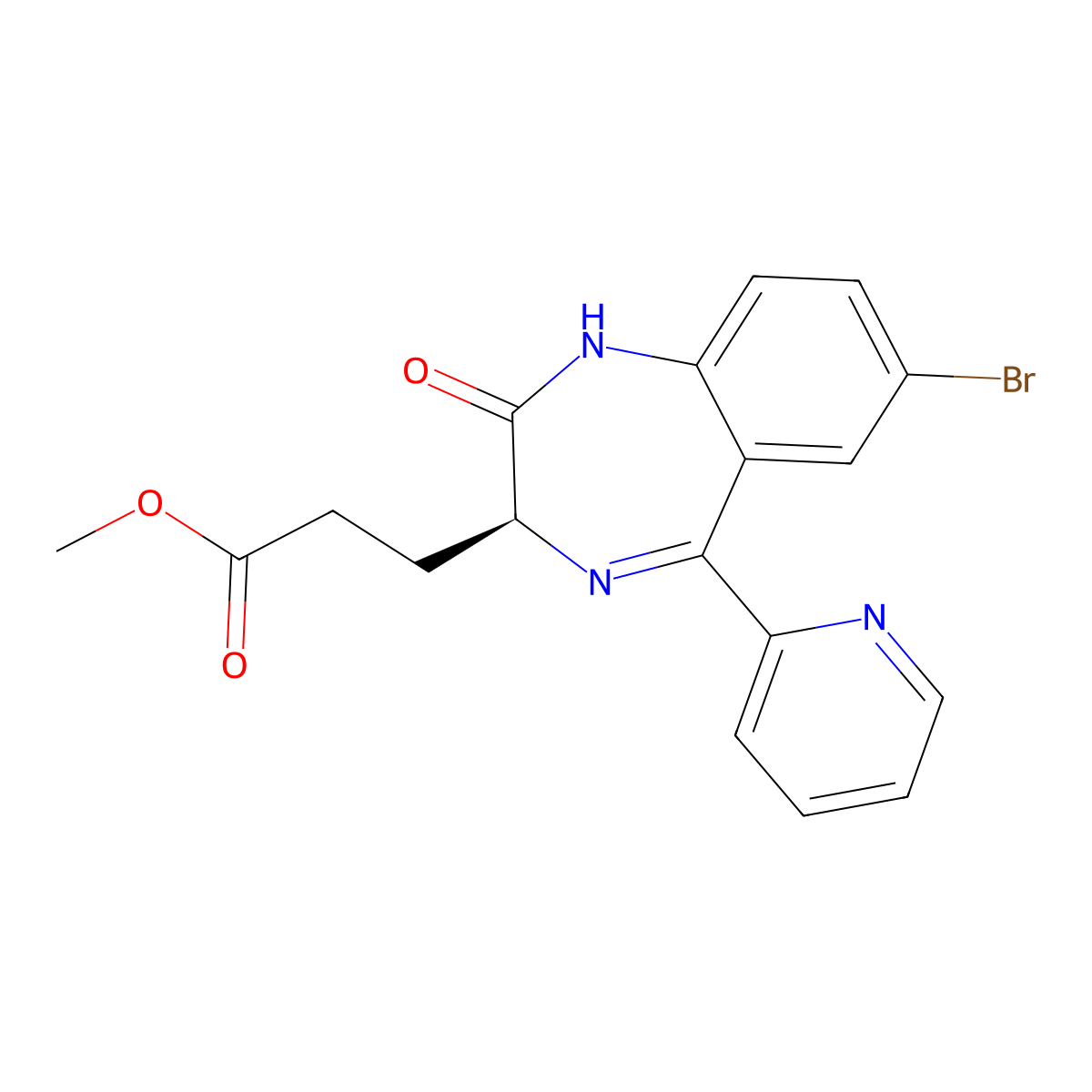 Methyl (S)-3-(7-bromo-2-oxo-5-(pyridin-2-yl)-2,3-dihydro-1H-benzo(e)(1,4)diazepin-3-yl)propanoate molecular structure, CAS 308242-23-1
