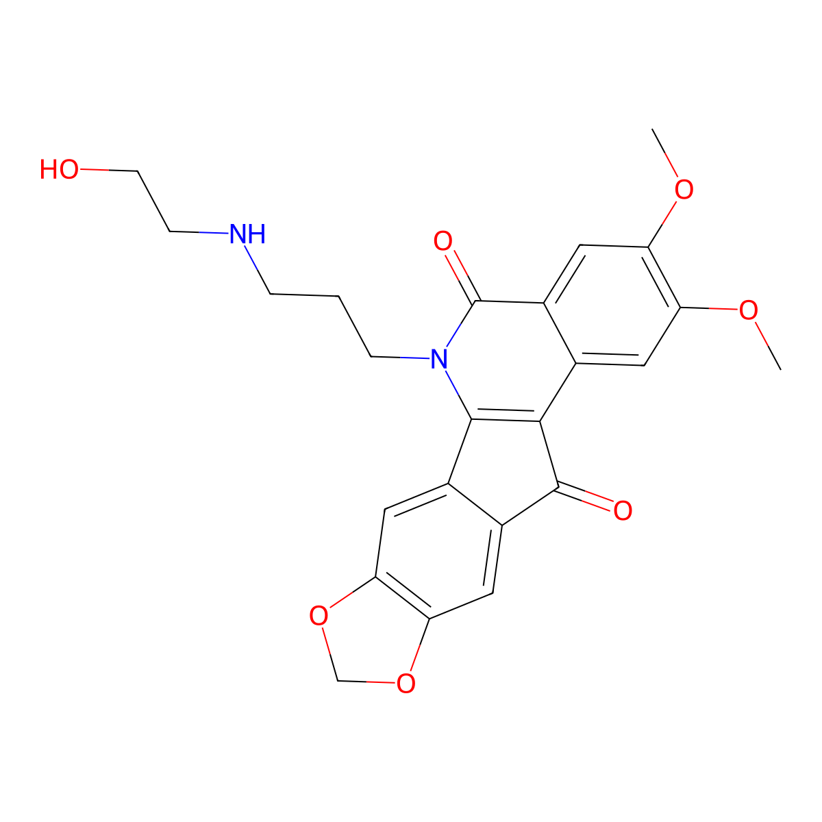 5H-(1,3)Dioxolo(5,6)indeno(1,2-C)isoquinoline-5,12(6H)-dione, 6-(3-((2-hydroxyethyl)amino)propyl)-2,3-dimethoxy- molecular structure, CAS 308246-52-8