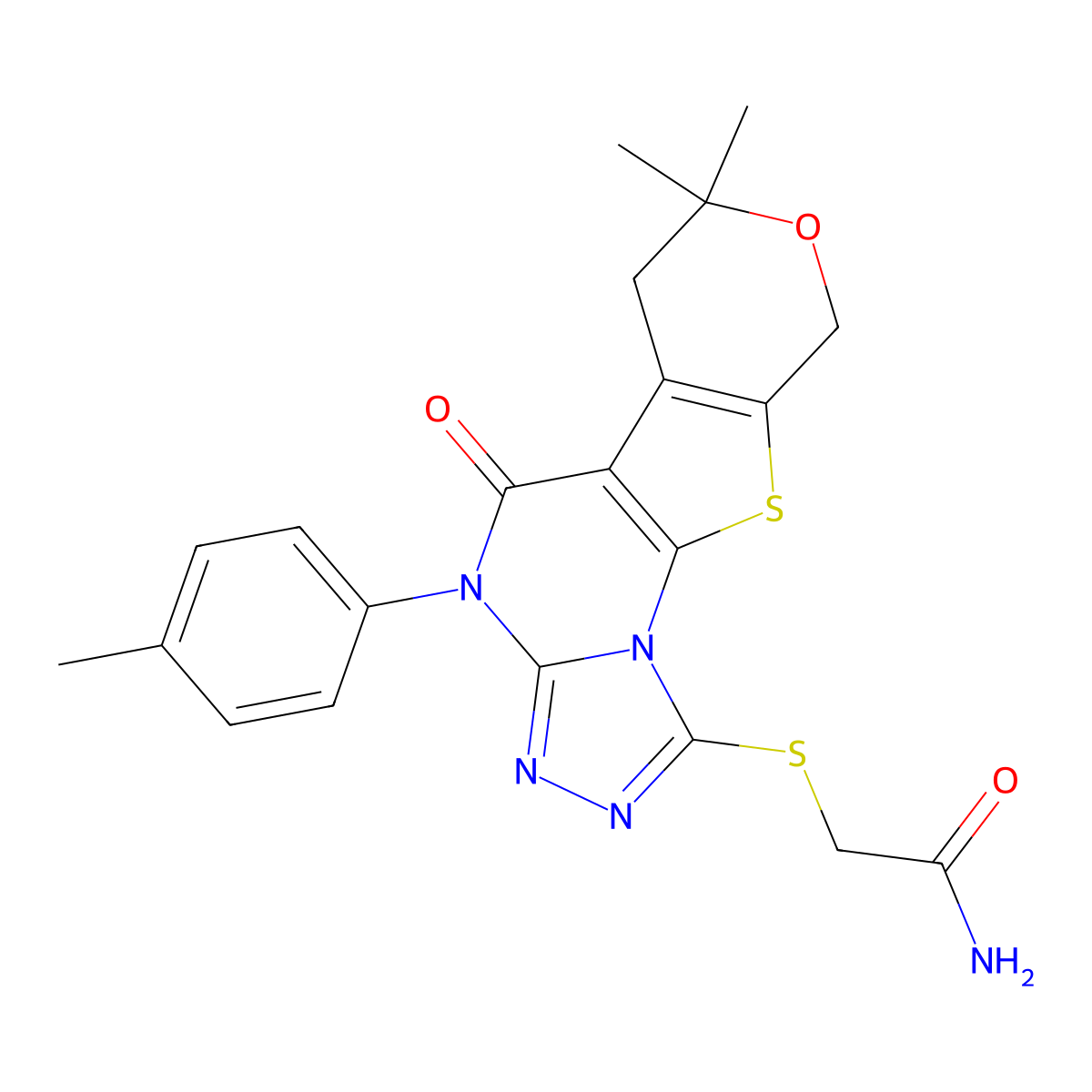 2-((7,7-dimethyl-5-oxo-4-(p-tolyl)-5,6,7,9-tetrahydro-4H-pyrano[4',3':4,5]thieno[3,2-e][1,2,4]triazolo[4,3-a]pyrimidin-1-yl)thio)acetamide molecular structure, CAS 308289-87-4