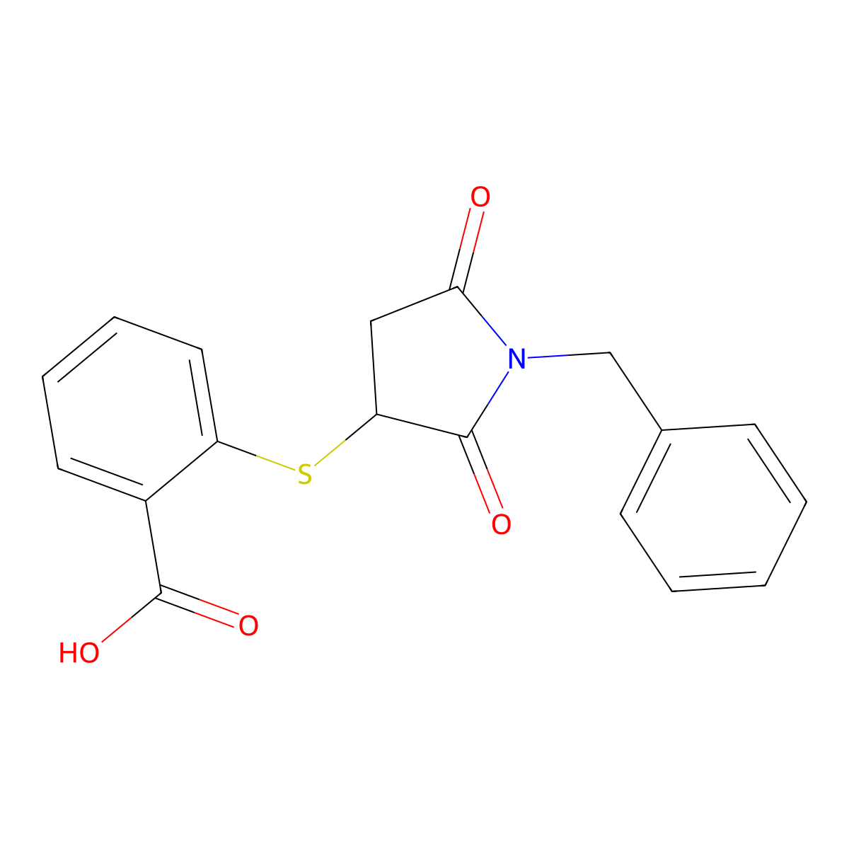 2-(1-Benzyl-2,5-dioxo-pyrrolidin-3-ylsulfanyl)-benzoic acid molecular structure, CAS 308293-16-5