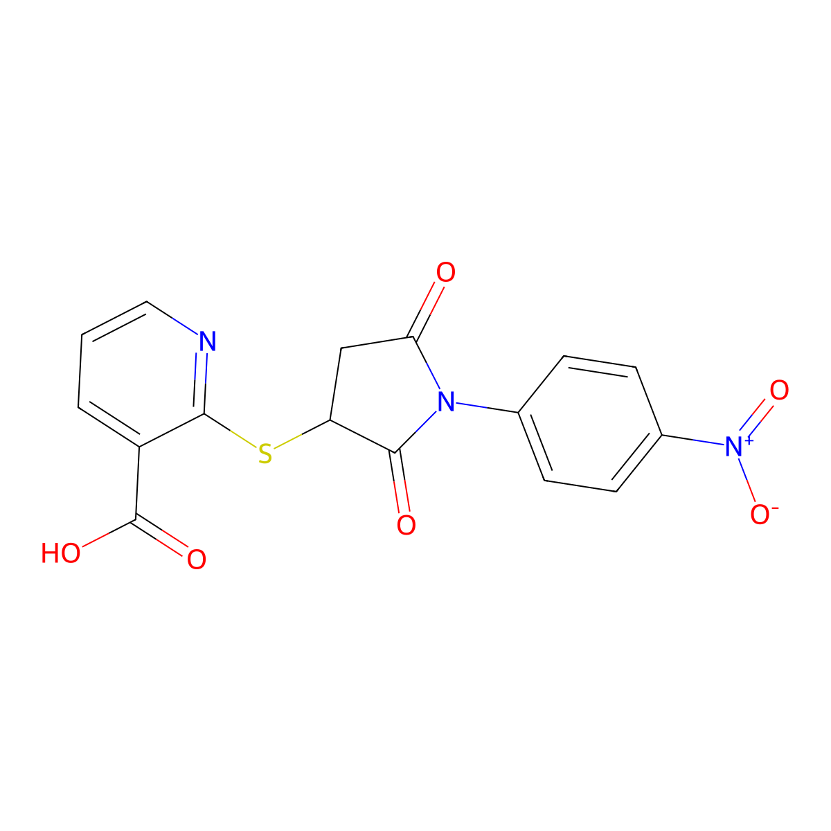 2-((1-(4-Nitrophenyl)-2,5-dioxopyrrolidin-3-yl)thio)nicotinic acid molecular structure, CAS 308293-33-6