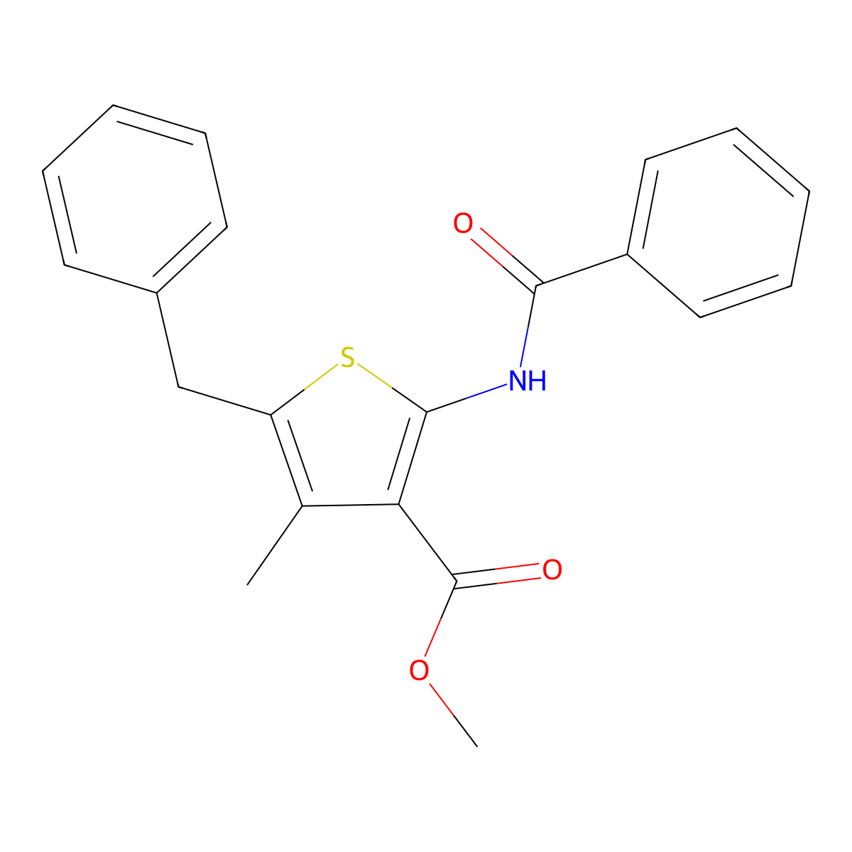 Methyl 2-(benzoylamino)-5-benzyl-4-methyl-3-thiophenecarboxylate molecular structure, CAS 308293-37-0
