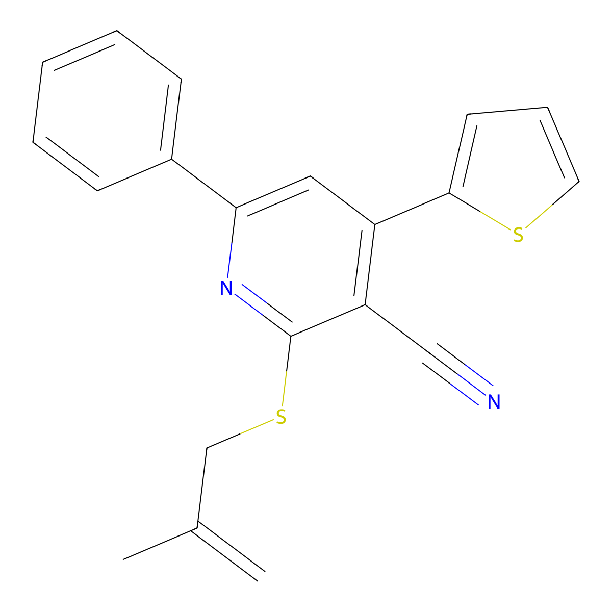 2-((2-Methylprop-2-enyl)sulfanyl)-6-phenyl-4-thiophen-2-ylpyridine-3-carbonitrile molecular structure, CAS 308293-69-8