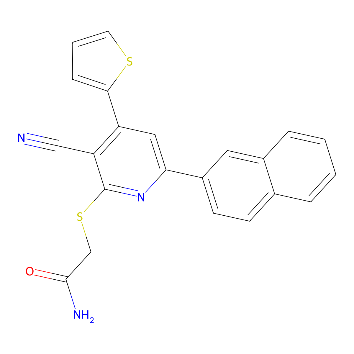 2-(3-Cyano-6-naphthalen-2-yl-4-thiophen-2-ylpyridin-2-yl)sulfanylacetamide molecular structure, CAS 308293-74-5