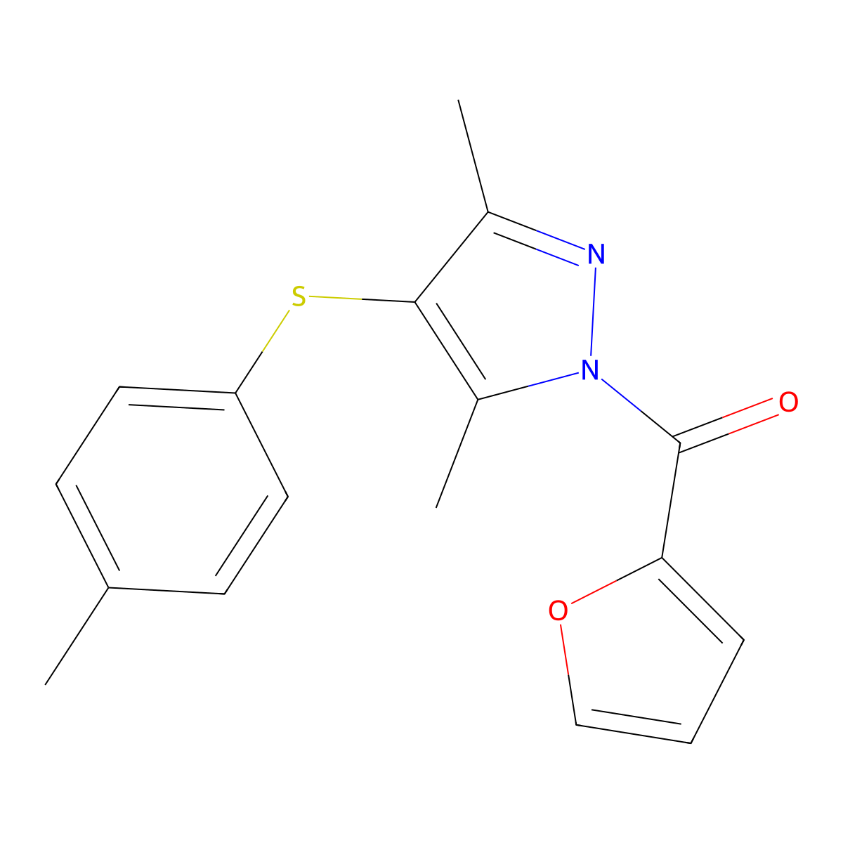 (3,5-dimethyl-4-(p-tolylthio)-1H-pyrazol-1-yl)(furan-2-yl)methanone molecular structure, CAS 308294-36-2