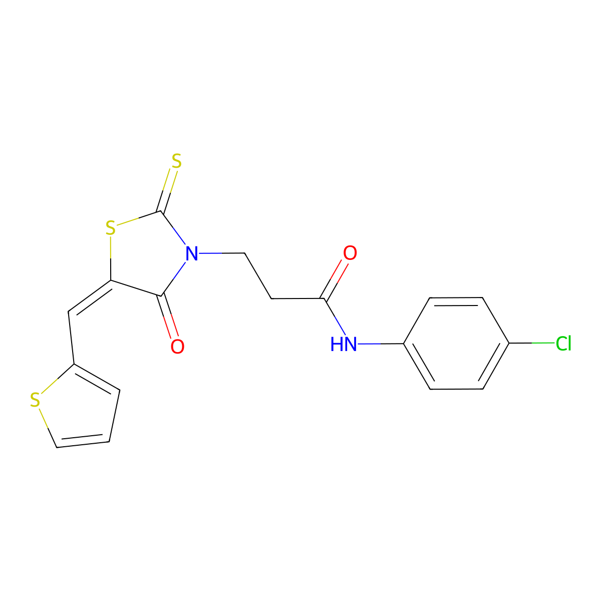 (E)-N-(4-Chlorophenyl)-3-(4-oxo-5-(thiophen-2-ylmethylene)-2-thioxothiazolidin-3-yl)propanamide molecular structure, CAS 308295-11-6