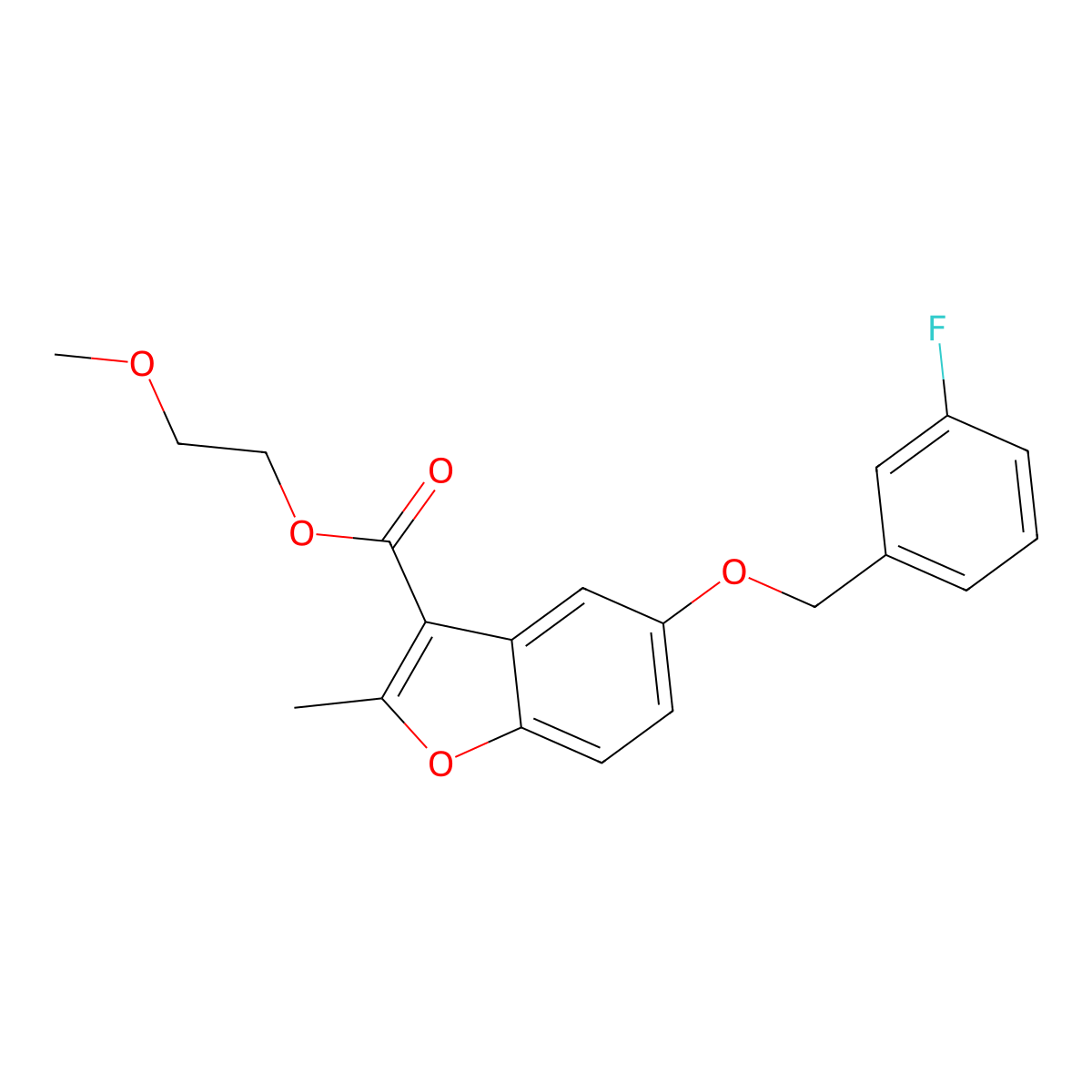 2-Methoxyethyl 5-((3-fluorobenzyl)oxy)-2-methylbenzofuran-3-carboxylate molecular structure, CAS 308296-19-7
