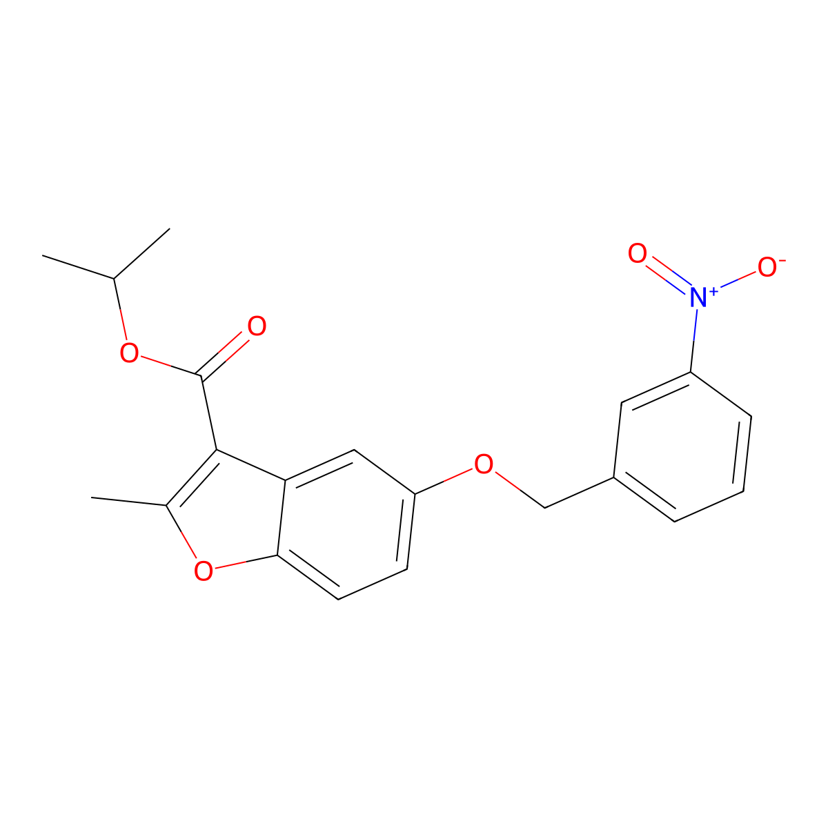Isopropyl 2-methyl-5-((3-nitrobenzyl)oxy)benzofuran-3-carboxylate molecular structure, CAS 308296-46-0
