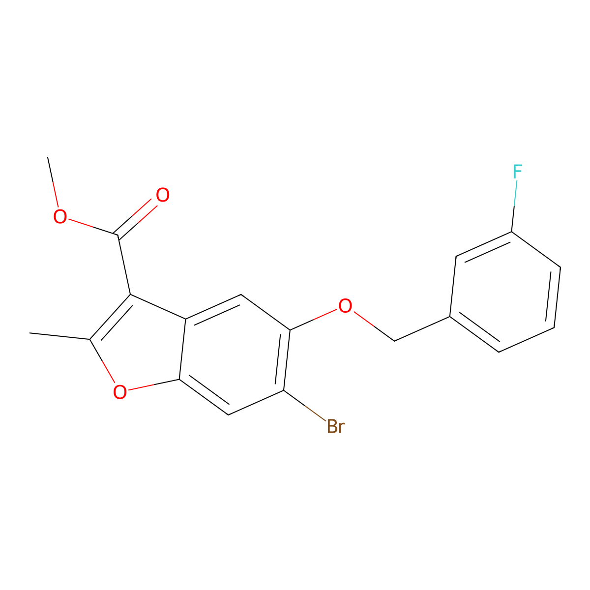 Methyl 6-bromo-5-((3-fluorobenzyl)oxy)-2-methylbenzofuran-3-carboxylate molecular structure, CAS 308296-52-8