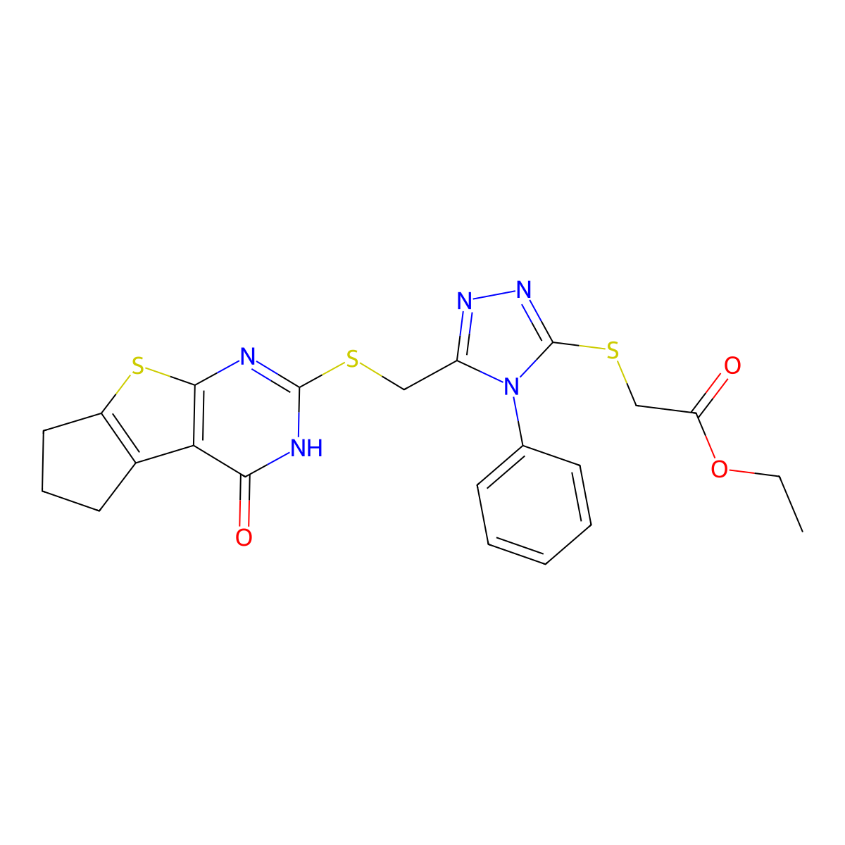 ethyl 2-({5-[({12-oxo-7-thia-9,11-diazatricyclo[6.4.0.0^{2,6}]dodeca-1(8),2(6),9-trien-10-yl}sulfanyl)methyl]-4-phenyl-4H-1,2,4-triazol-3-yl}sulfanyl)acetate molecular structure, CAS 308298-13-7