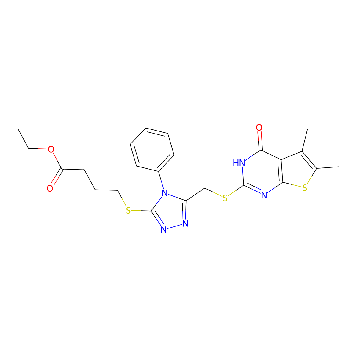 ethyl 4-[[5-[(5,6-dimethyl-4-oxo-3H-thieno[2,3-d]pyrimidin-2-yl)sulfanylmethyl]-4-phenyl-1,2,4-triazol-3-yl]sulfanyl]butanoate molecular structure, CAS 308298-14-8